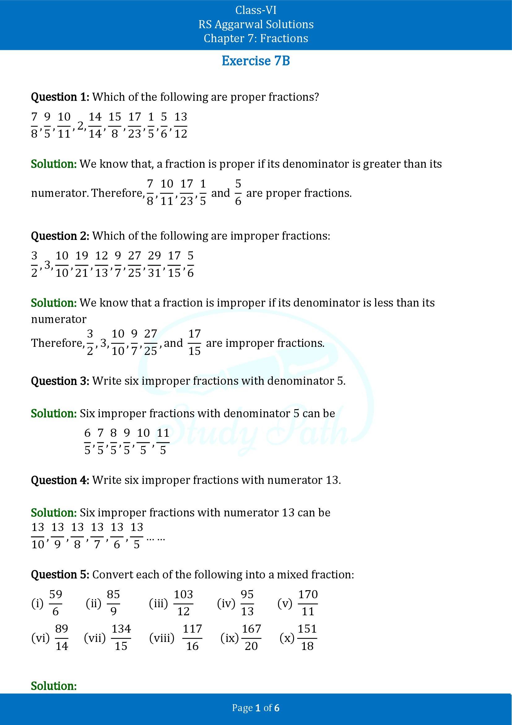RS Aggarwal Solutions Class 6 Chapter 7 Fractions Exercise 7B 00001