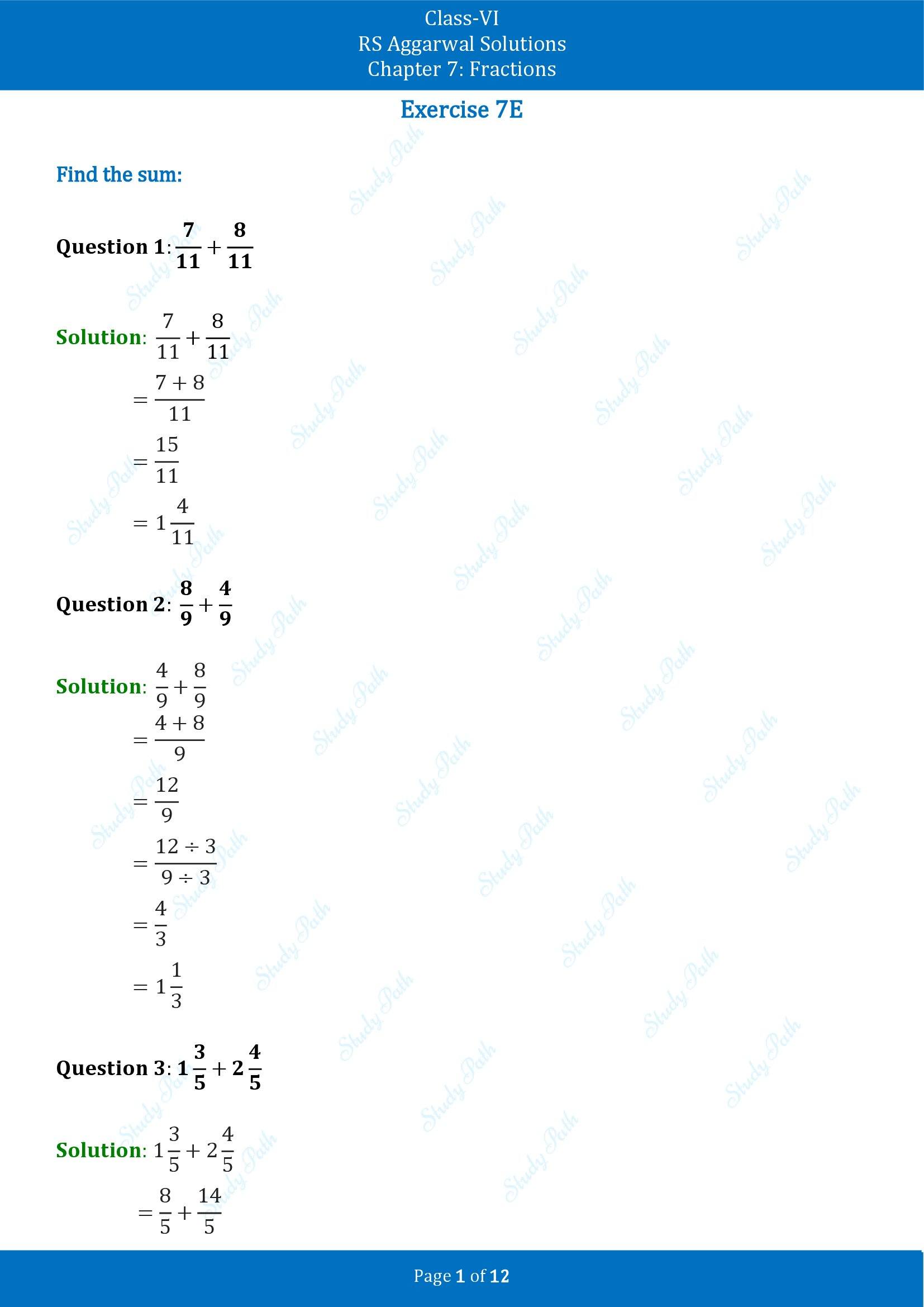 RS Aggarwal Solutions Class 6 Chapter 7 Fractions Exercise 7E 00001