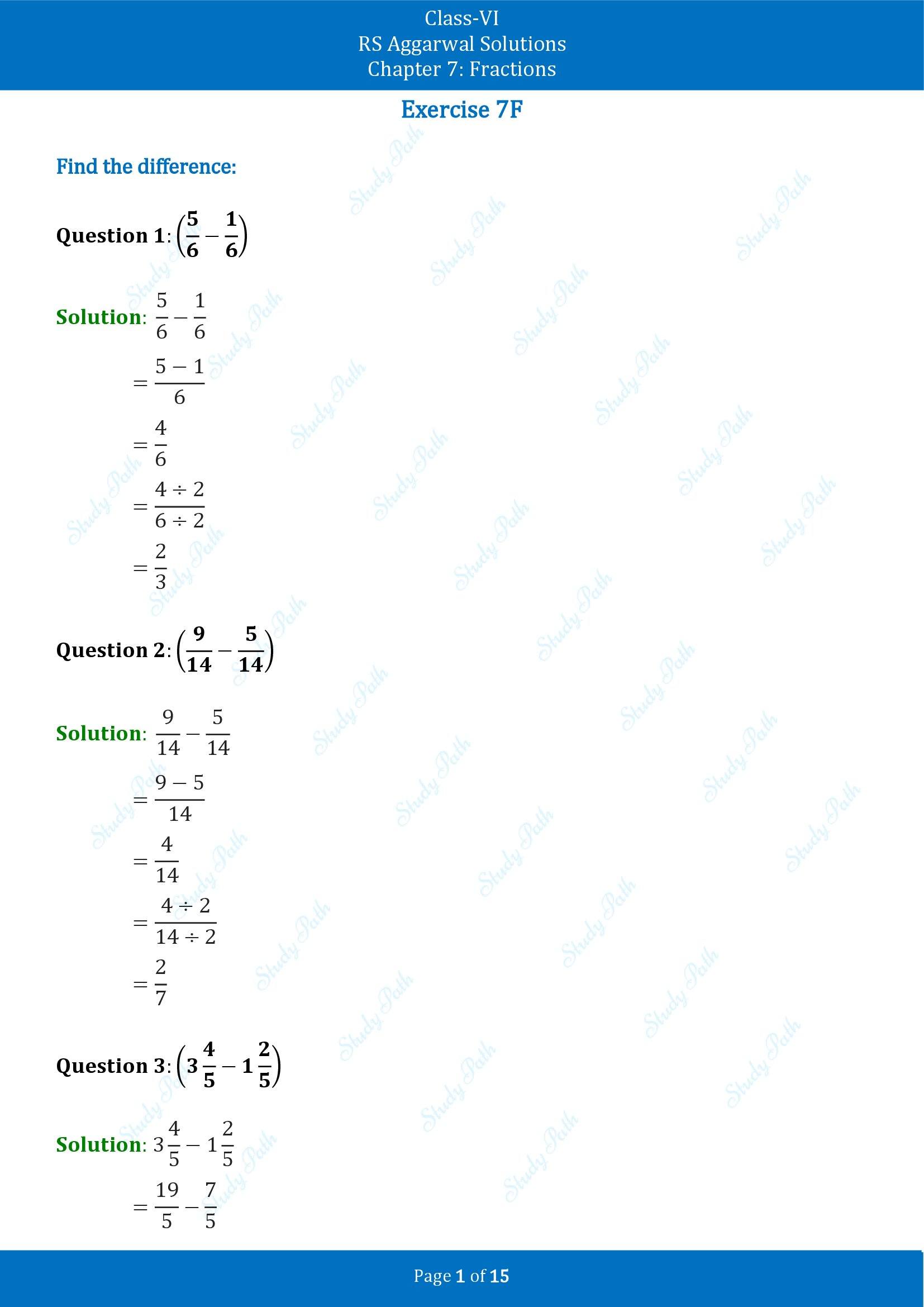 RS Aggarwal Solutions Class 6 Chapter 7 Fractions Exercise 7F 00001