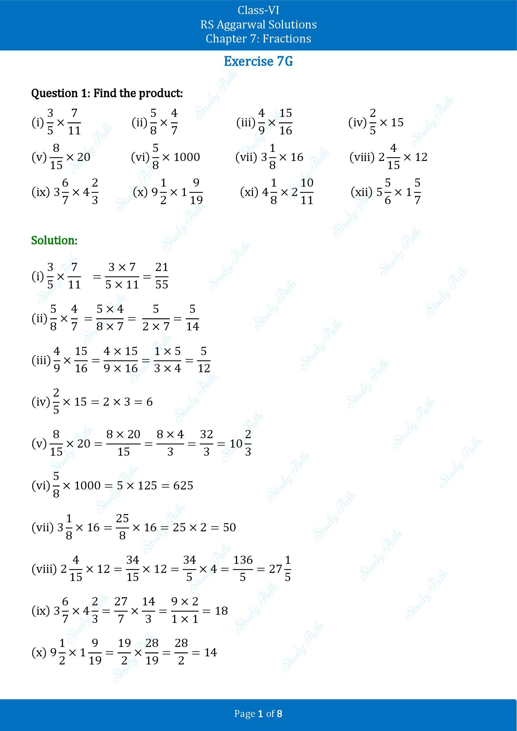 RS Aggarwal Solutions Class 6 Chapter 7 Fractions Exercise 7G 00001