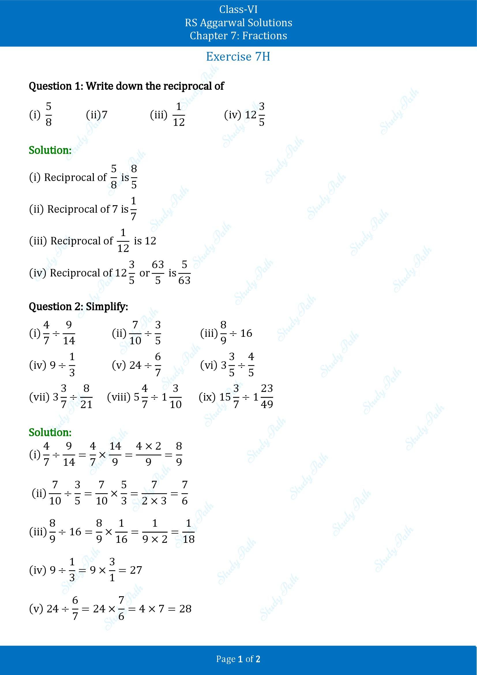 RS Aggarwal Solutions Class 6 Chapter 7 Fractions Exercise 7H 00001