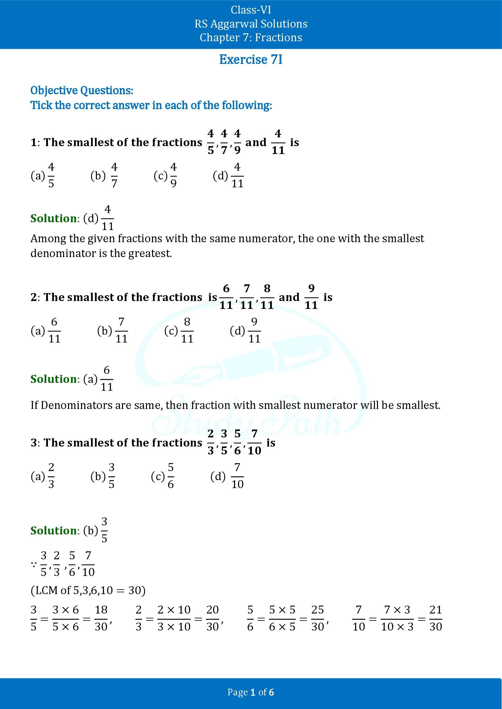 RS Aggarwal Solutions Class 6 Chapter 7 Fractions Exercise 7I MCQ 00001