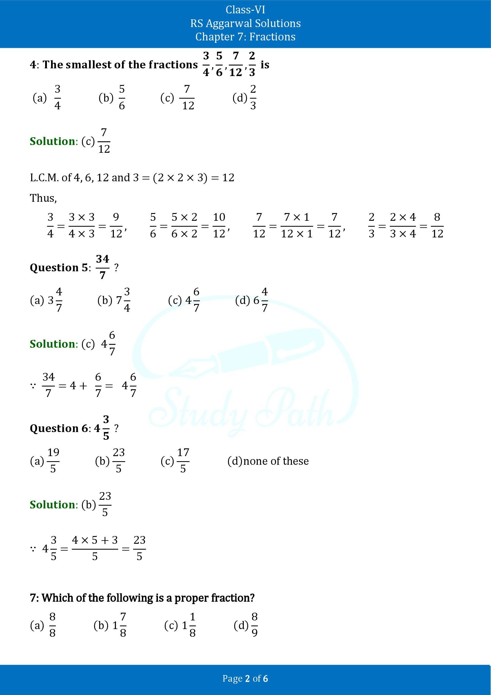 RS Aggarwal Solutions Class 6 Chapter 7 Fractions Exercise 7I MCQ 00002