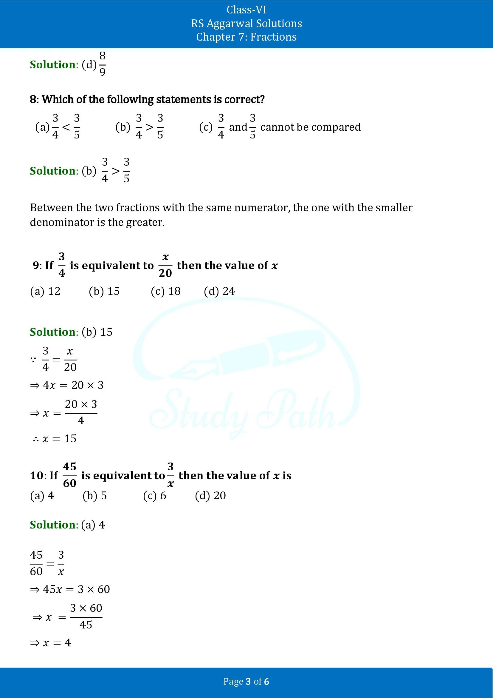 RS Aggarwal Solutions Class 6 Chapter 7 Fractions Exercise 7I MCQ 00003