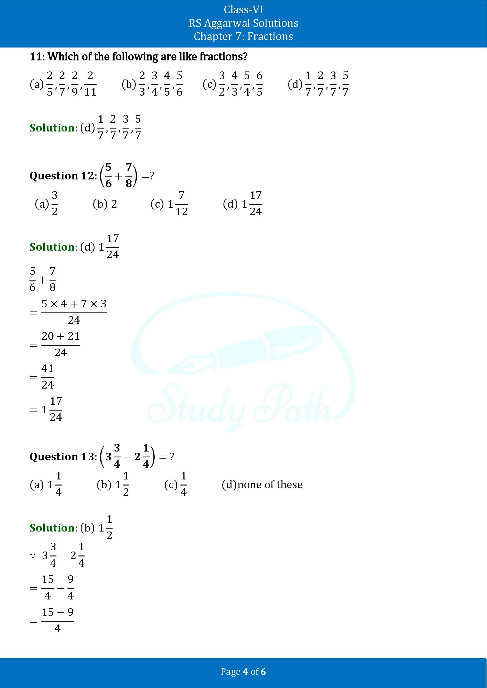 RS Aggarwal Solutions Class 6 Chapter 7 Fractions Exercise 7I MCQ 00004