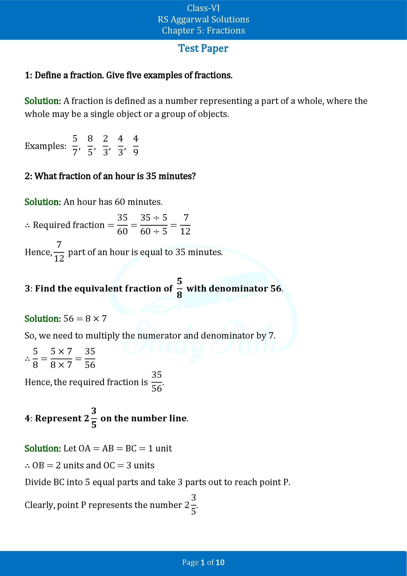 RS Aggarwal Solutions Class 6 Chapter 7 Fractions Test Paper 00001