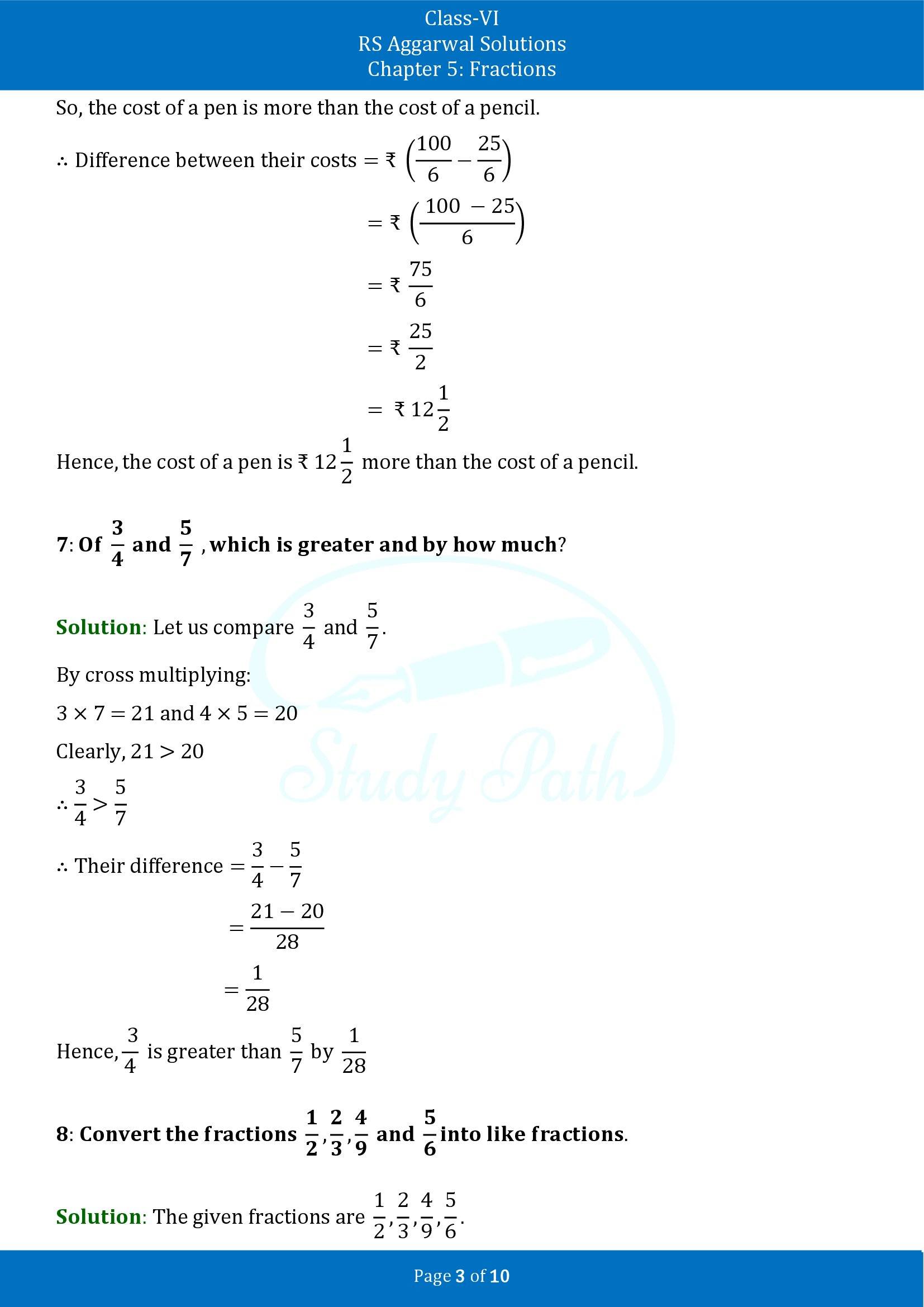 RS Aggarwal Solutions Class 6 Chapter 7 Fractions Test Paper 00003