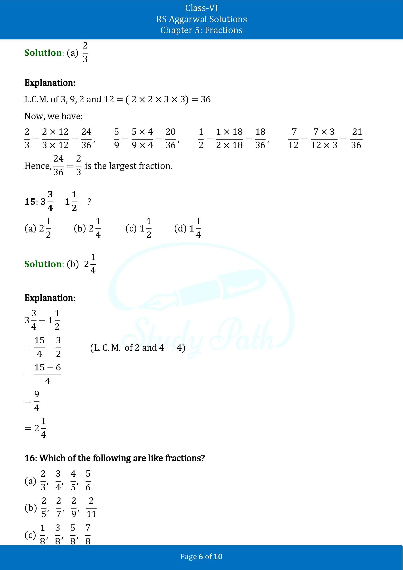RS Aggarwal Solutions Class 6 Chapter 7 Fractions Test Paper 00006