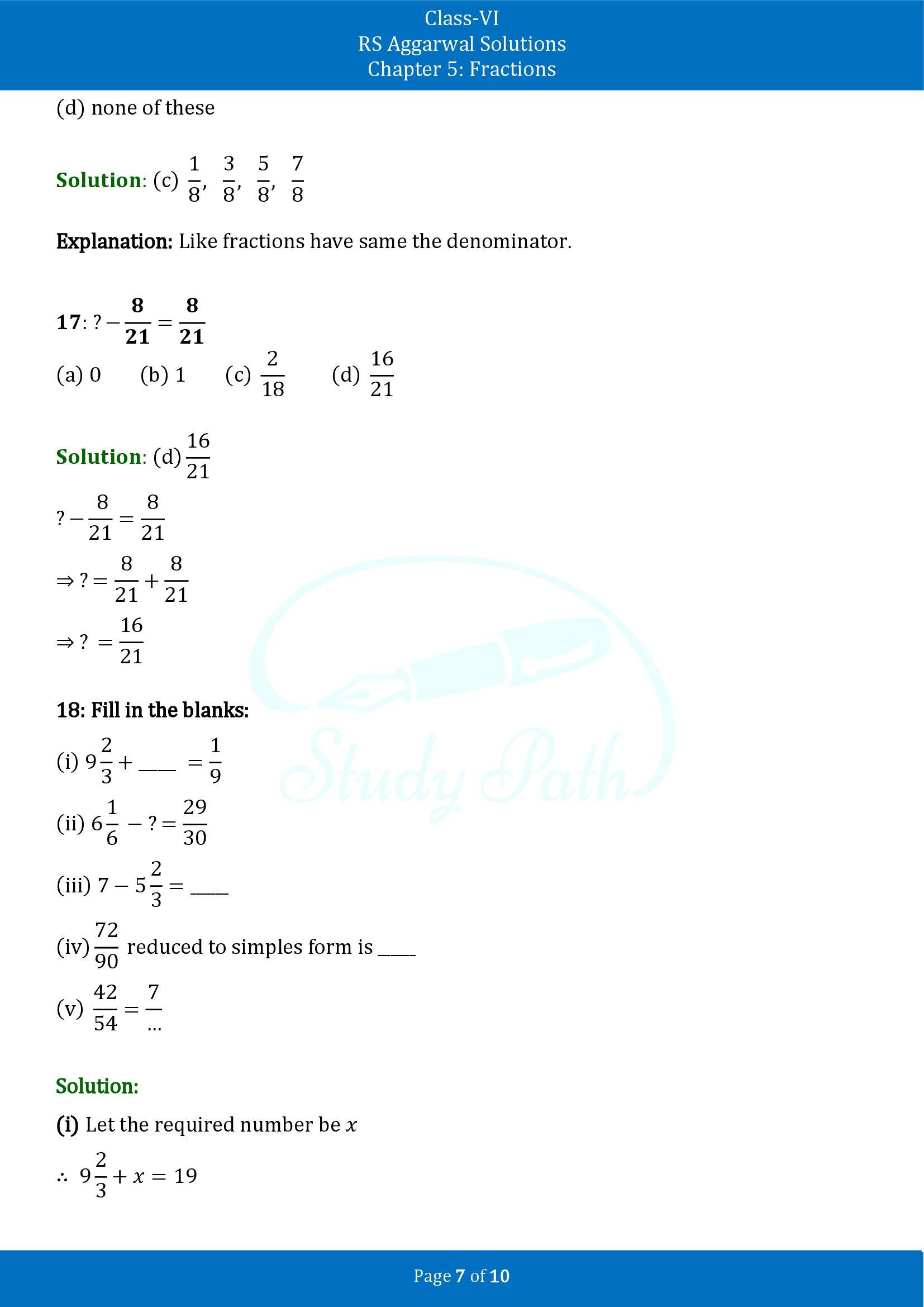 RS Aggarwal Solutions Class 6 Chapter 7 Fractions Test Paper 00007
