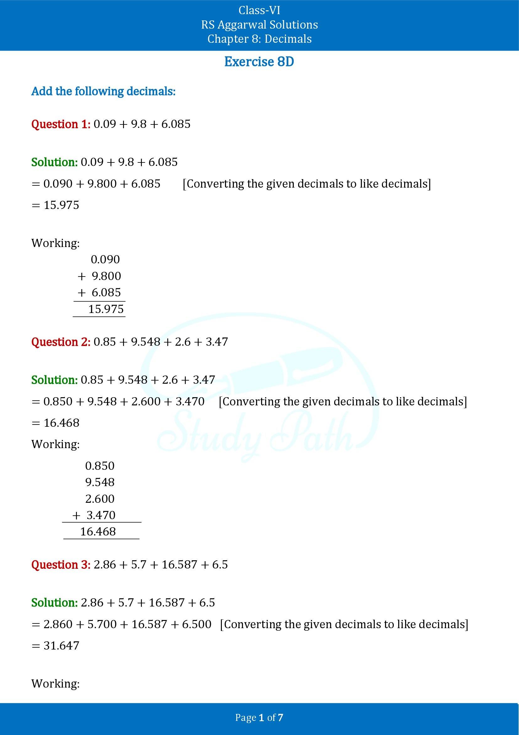 RS Aggarwal Solutions Class 6 Chapter 8 Decimals Exercise 8D 00001