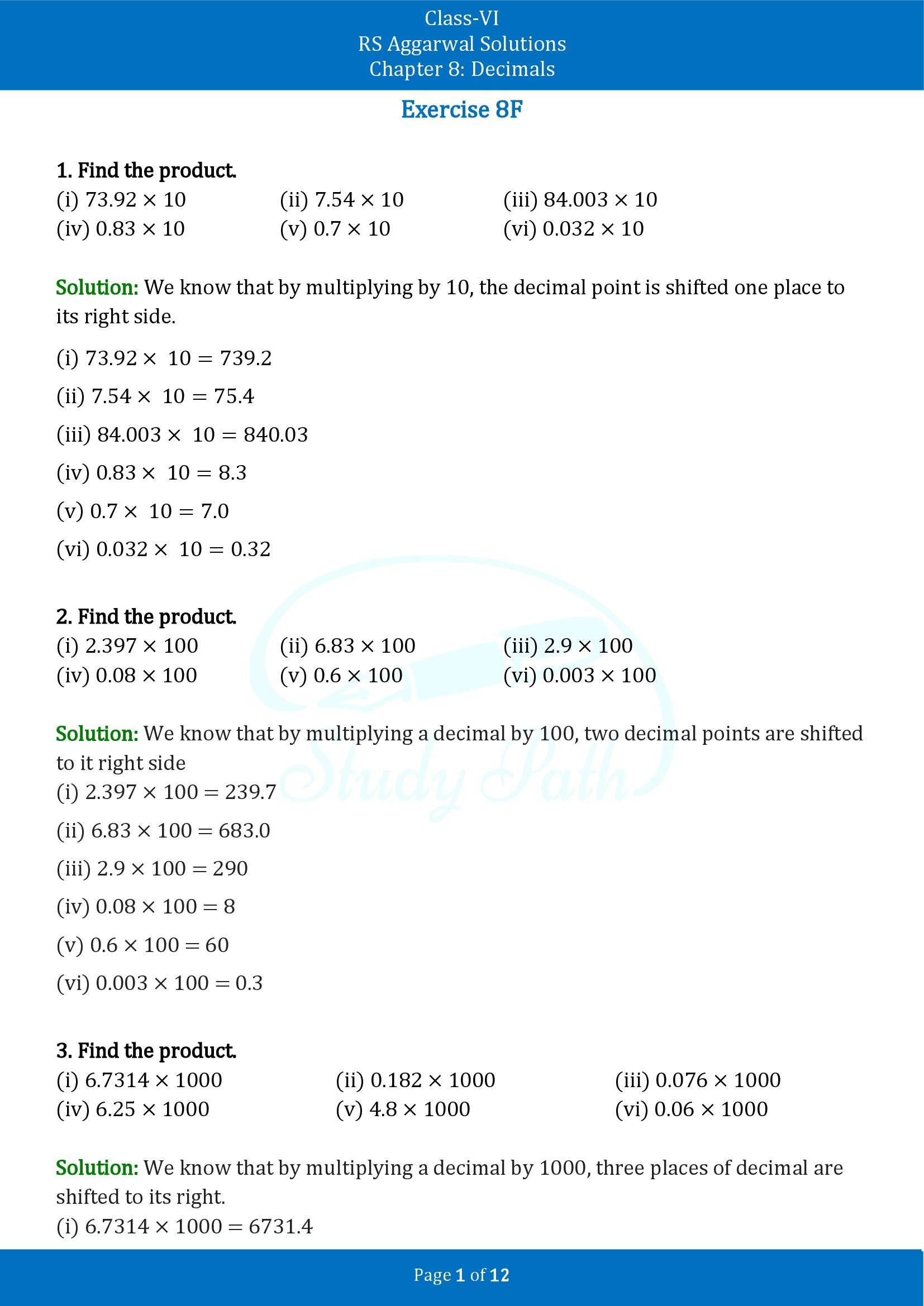 RS Aggarwal Solutions Class 6 Chapter 8 Decimals Exercise 8F 00001