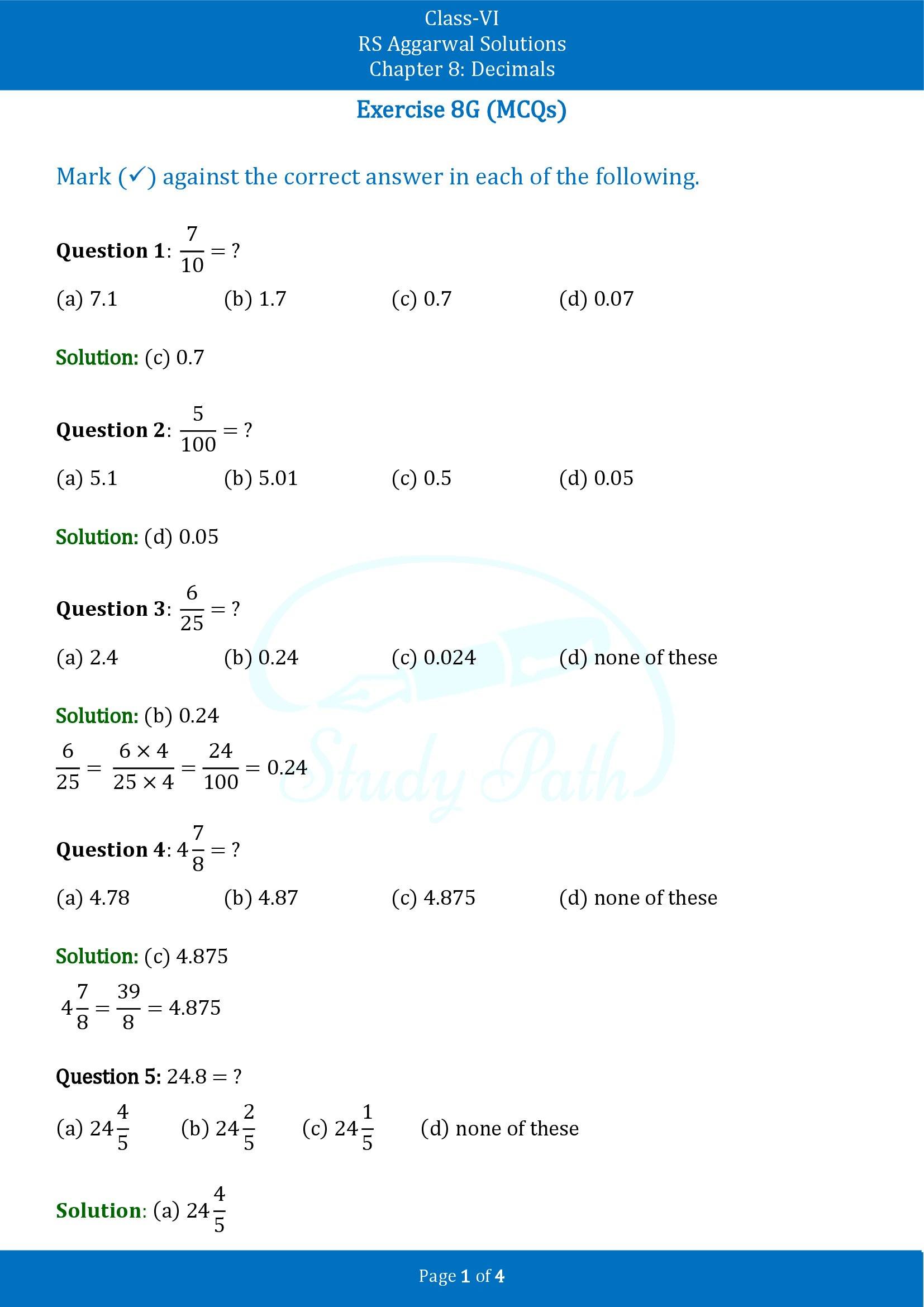 RS Aggarwal Solutions Class 6 Chapter 8 Decimals Exercise 8G MCQ 00001