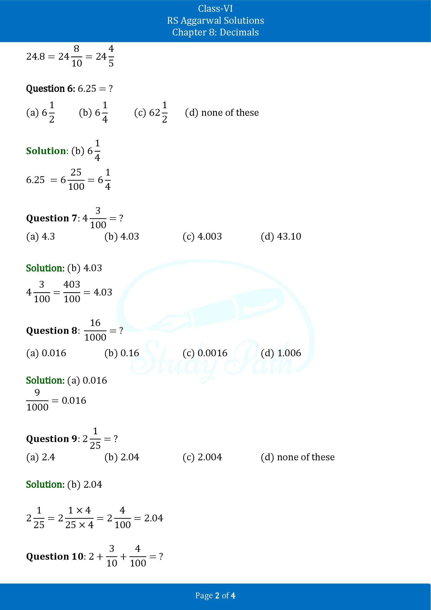 RS Aggarwal Solutions Class 6 Chapter 8 Decimals Exercise 8G MCQ 00002