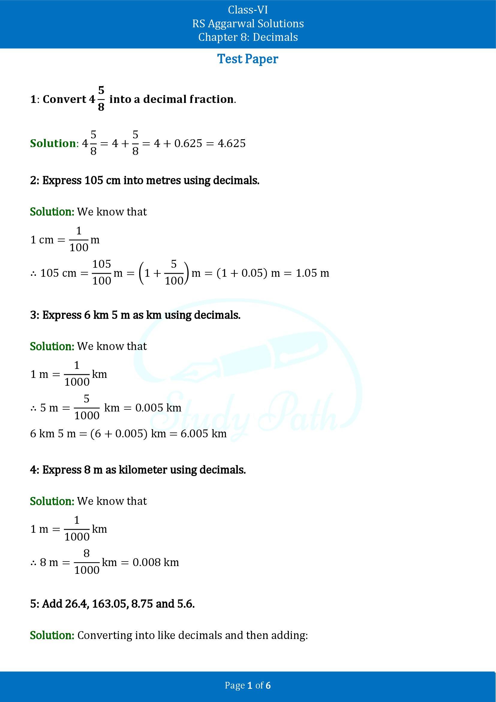 RS Aggarwal Solutions Class 6 Chapter 8 Decimals Test Paper 00001