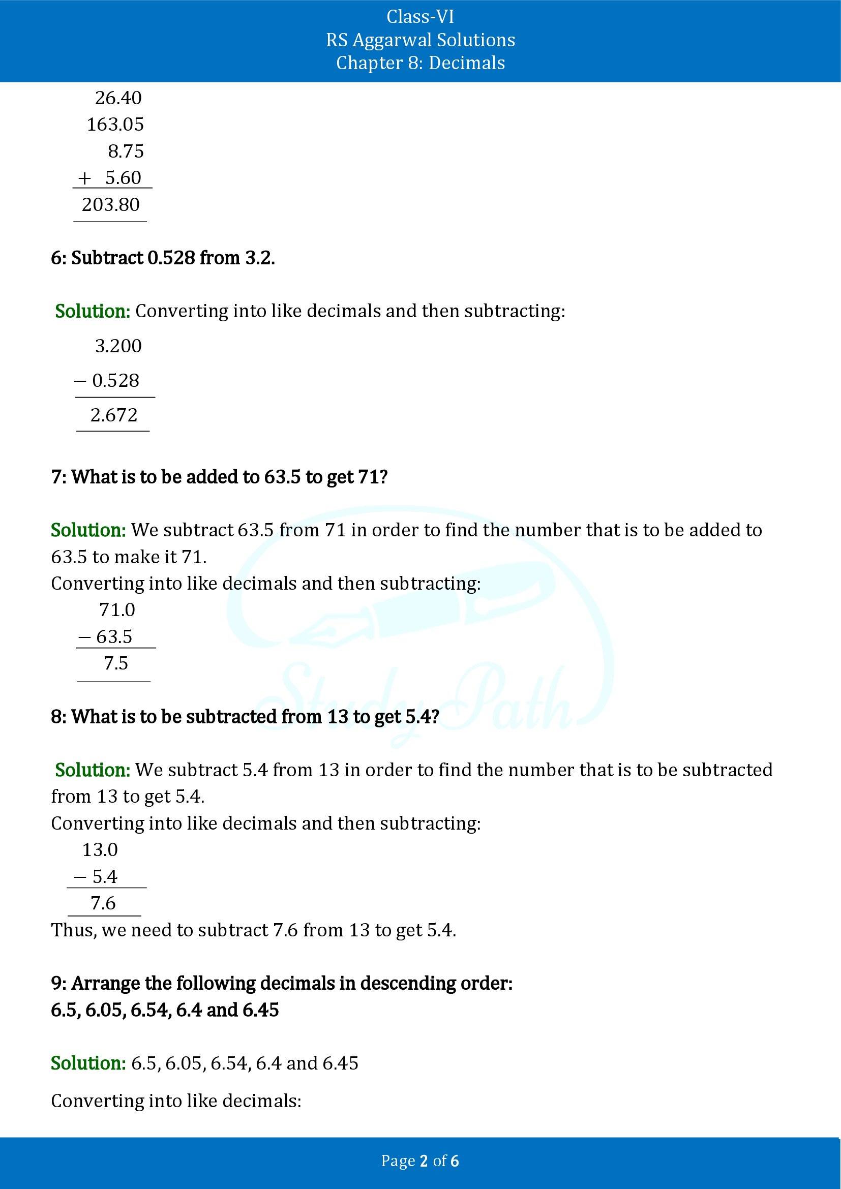 RS Aggarwal Solutions Class 6 Chapter 8 Decimals Test Paper 00002