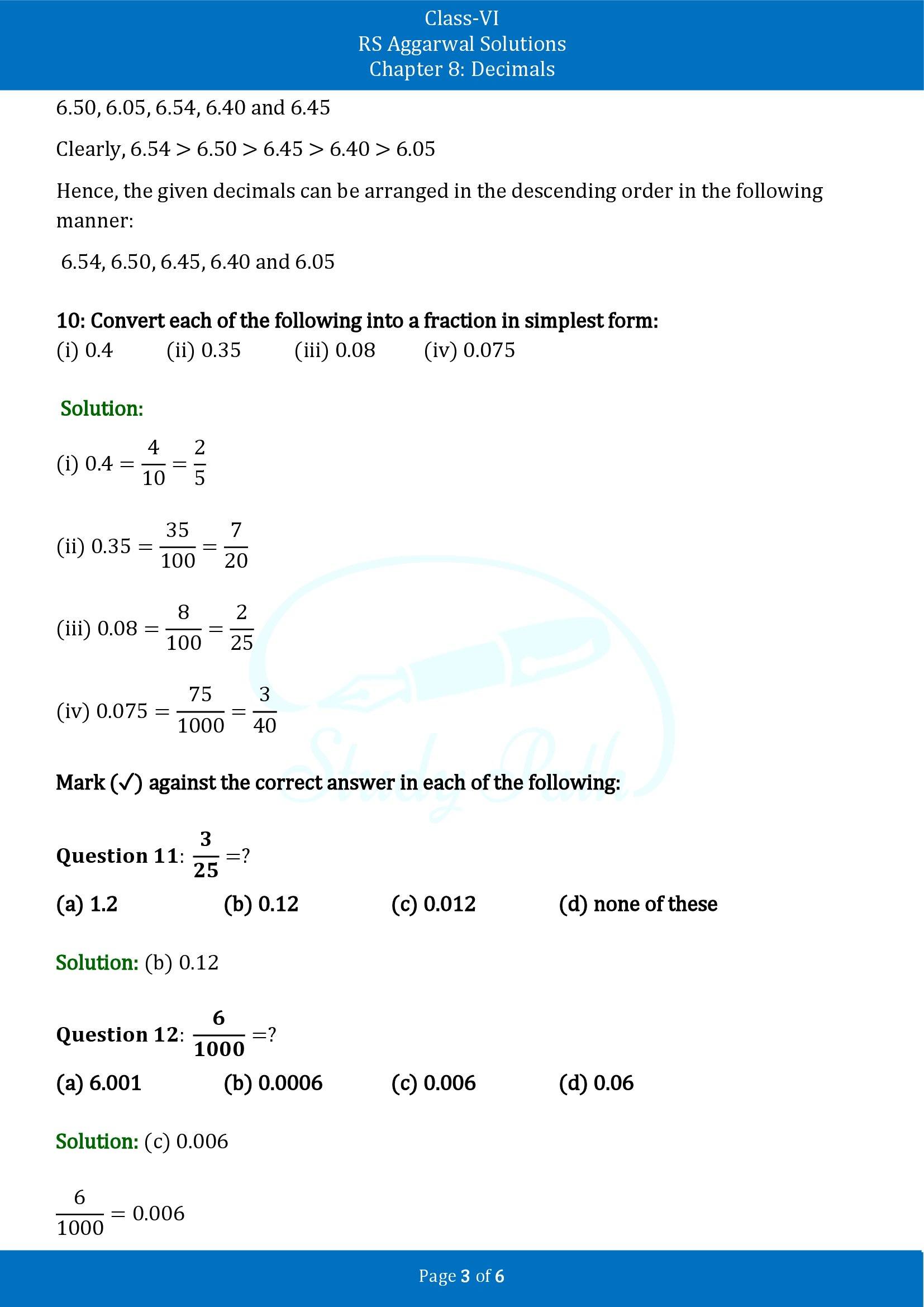 RS Aggarwal Solutions Class 6 Chapter 8 Decimals Test Paper 00003