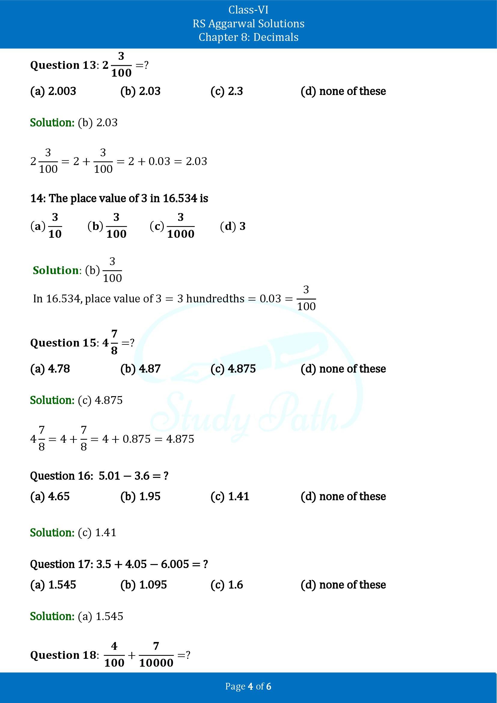 RS Aggarwal Solutions Class 6 Chapter 8 Decimals Test Paper 00004