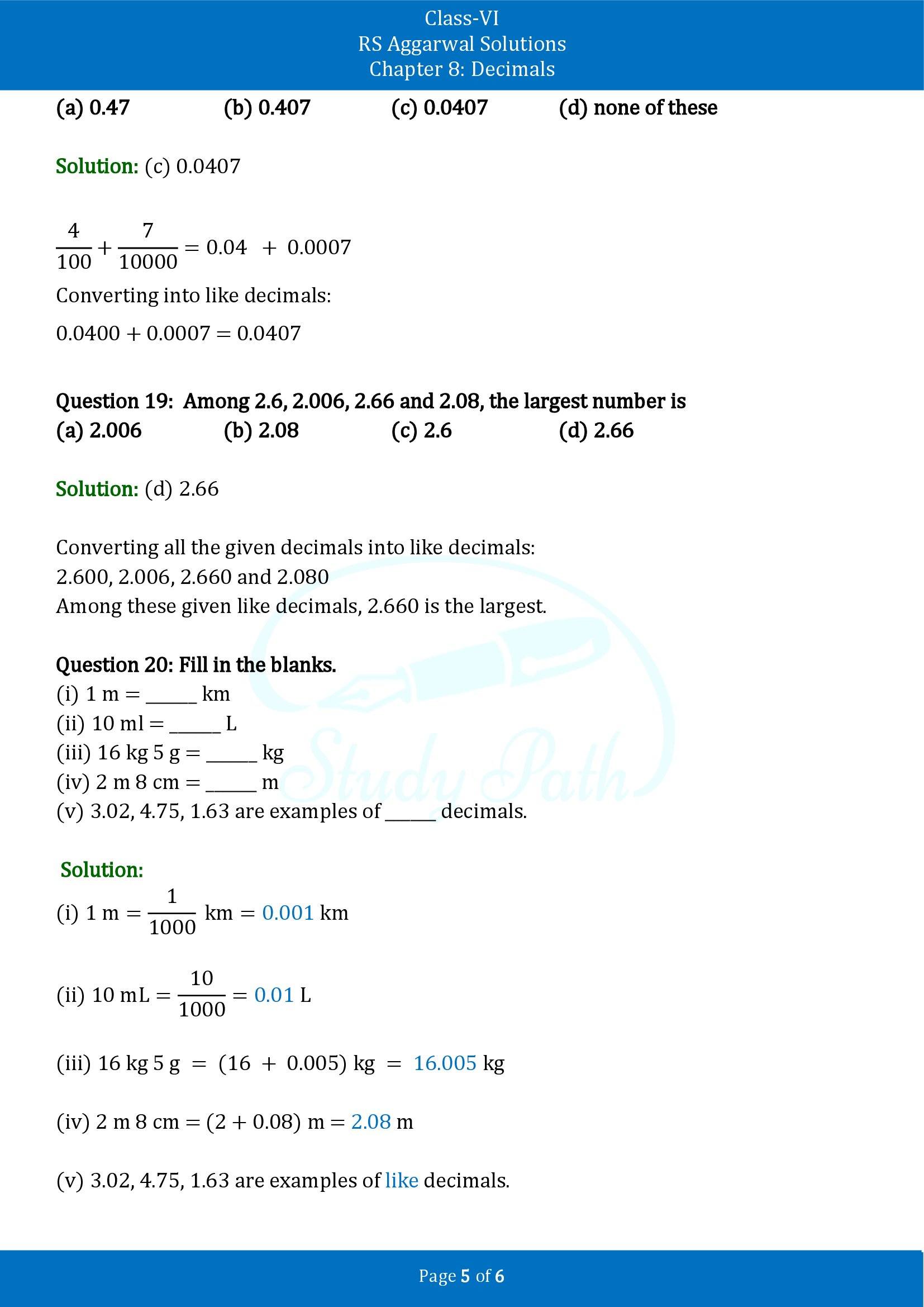 RS Aggarwal Solutions Class 6 Chapter 8 Decimals Test Paper 00005