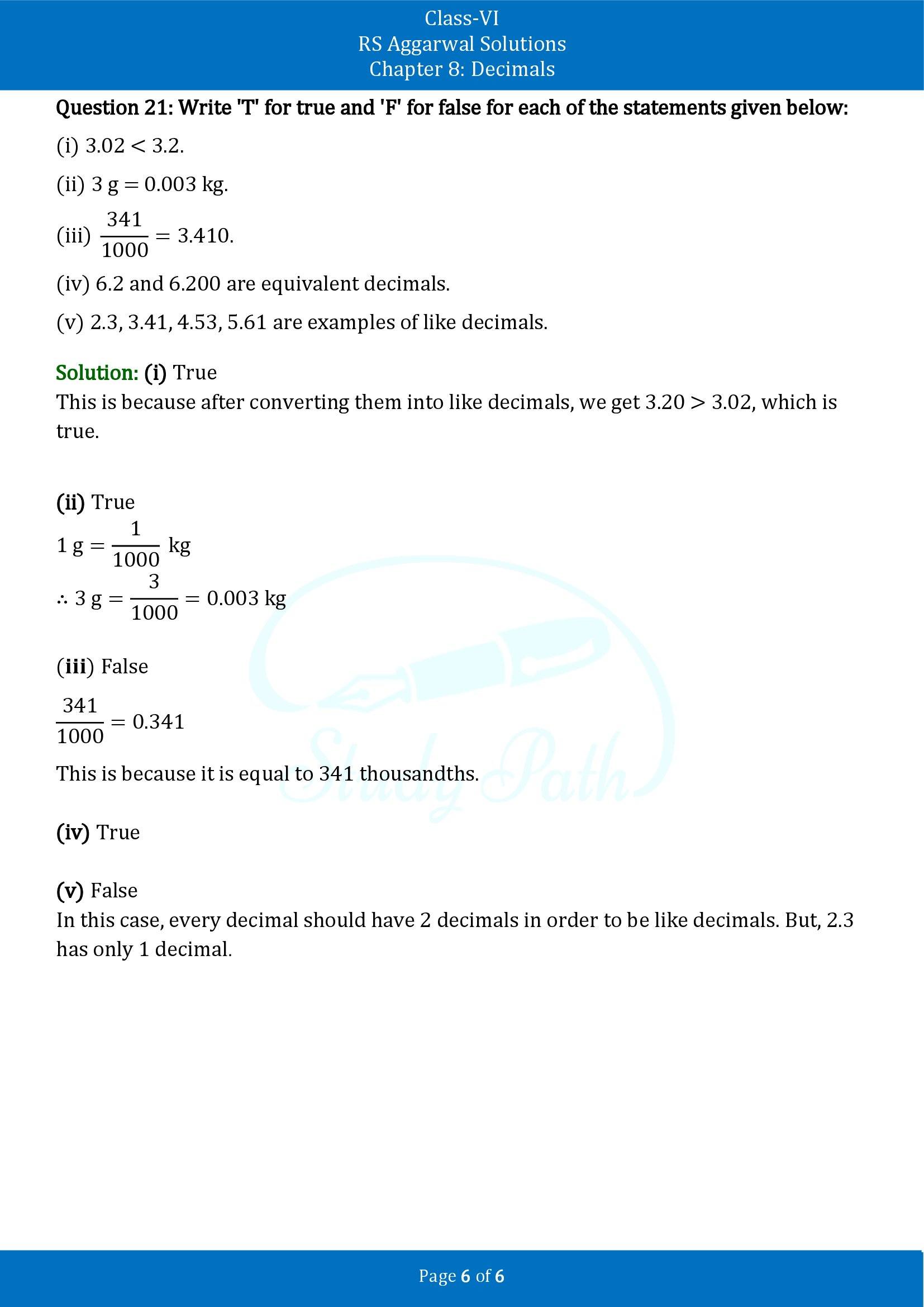 RS Aggarwal Solutions Class 6 Chapter 8 Decimals Test Paper 00006