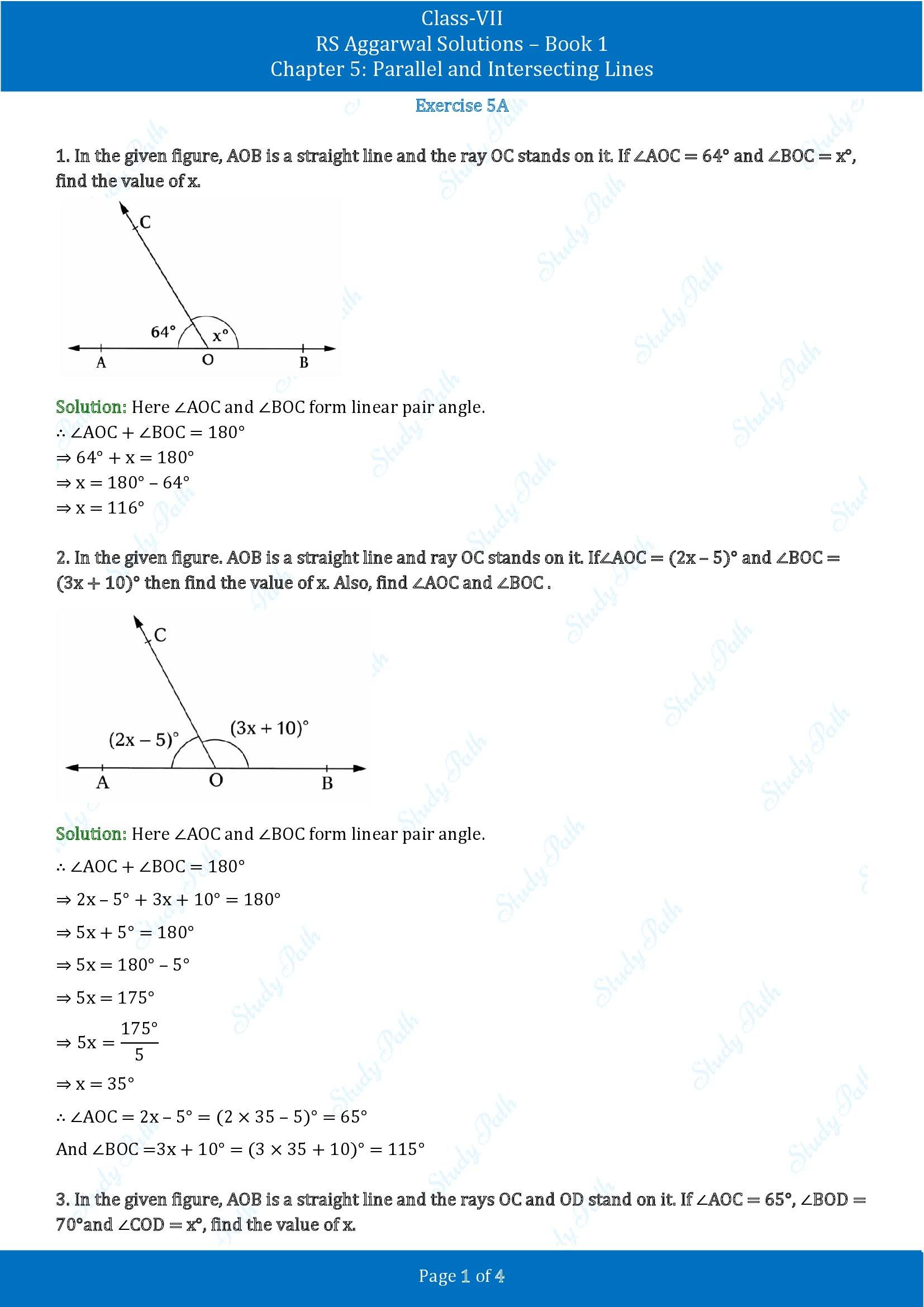 RS Aggarwal Solutions Class 7 Book 1 Chapter 5 Parallel and Intersecting Lines Exercise 5A 00001
