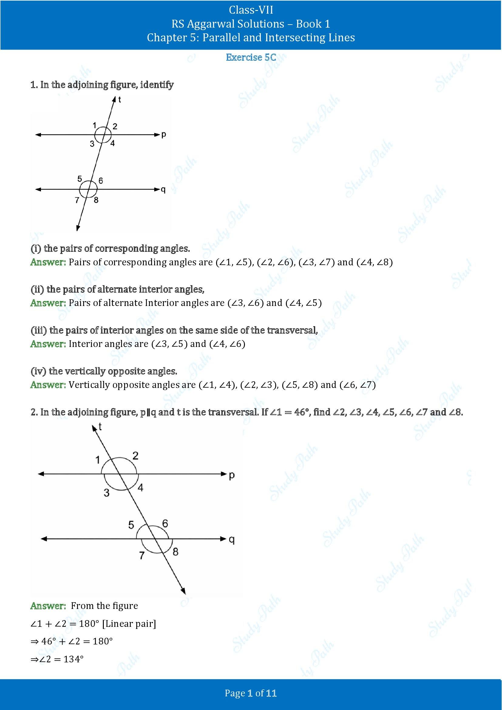 RS Aggarwal Solutions Class 7 Book 1 Chapter 5 Parallel and Intersecting Lines Exercise 5C 00001