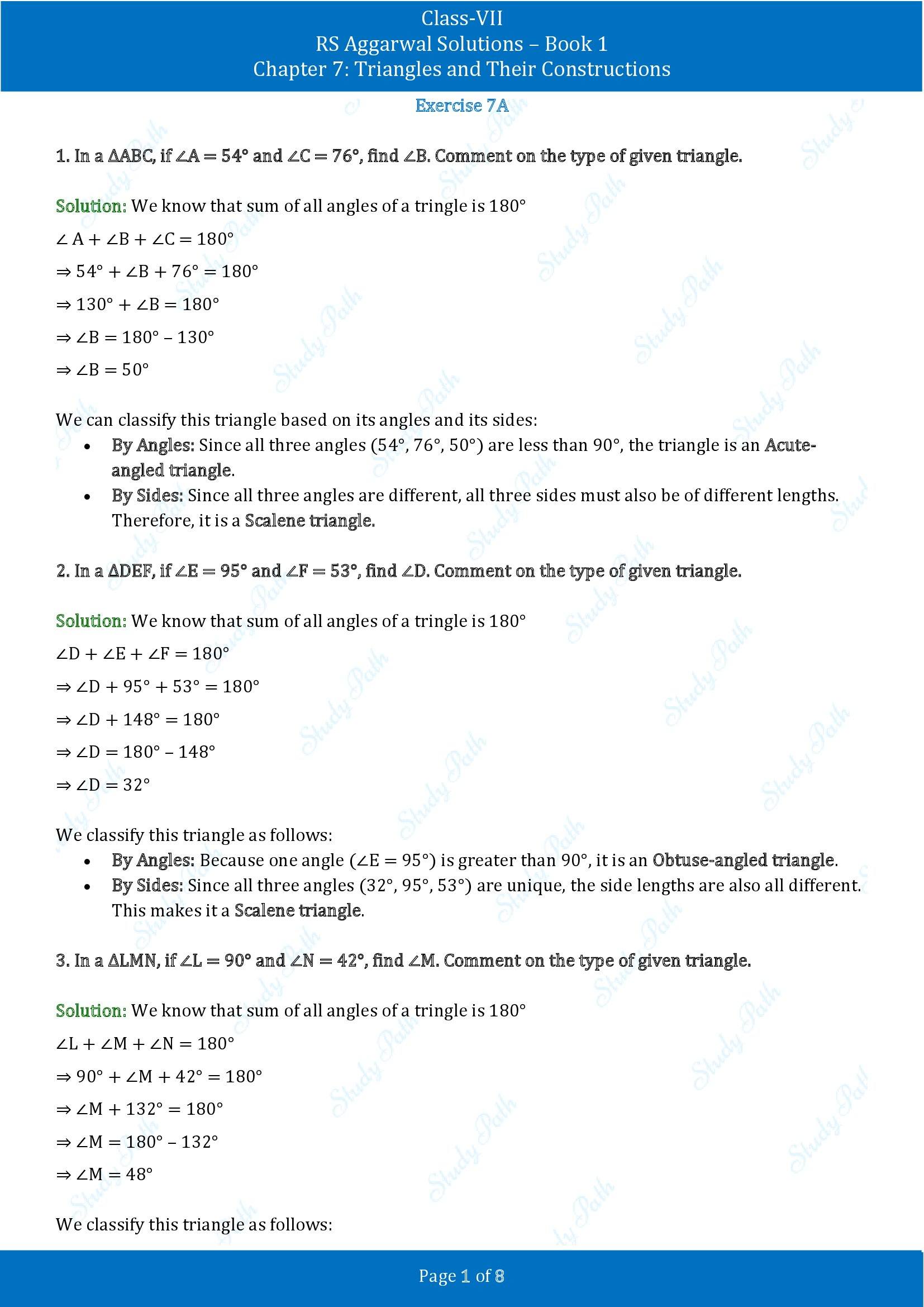 RS Aggarwal Solutions Class 7 Book 1 Chapter 7 Triangles and Their Constructions Exercise 7A 00001