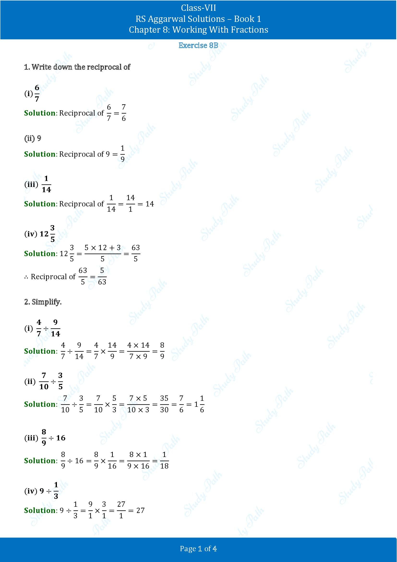 RS Aggarwal Solutions Class 7 Book 1 Chapter 8 Working With Fractions Exercise 8B 00001