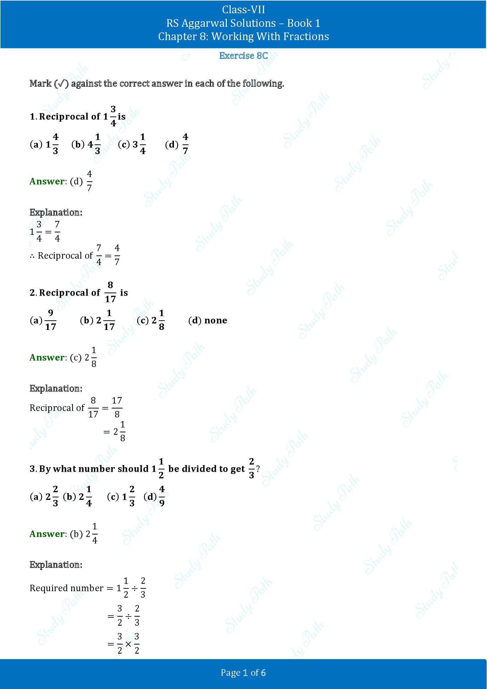 RS Aggarwal Solutions Class 7 Book 1 Chapter 8 Working With Fractions Exercise 8C 00001