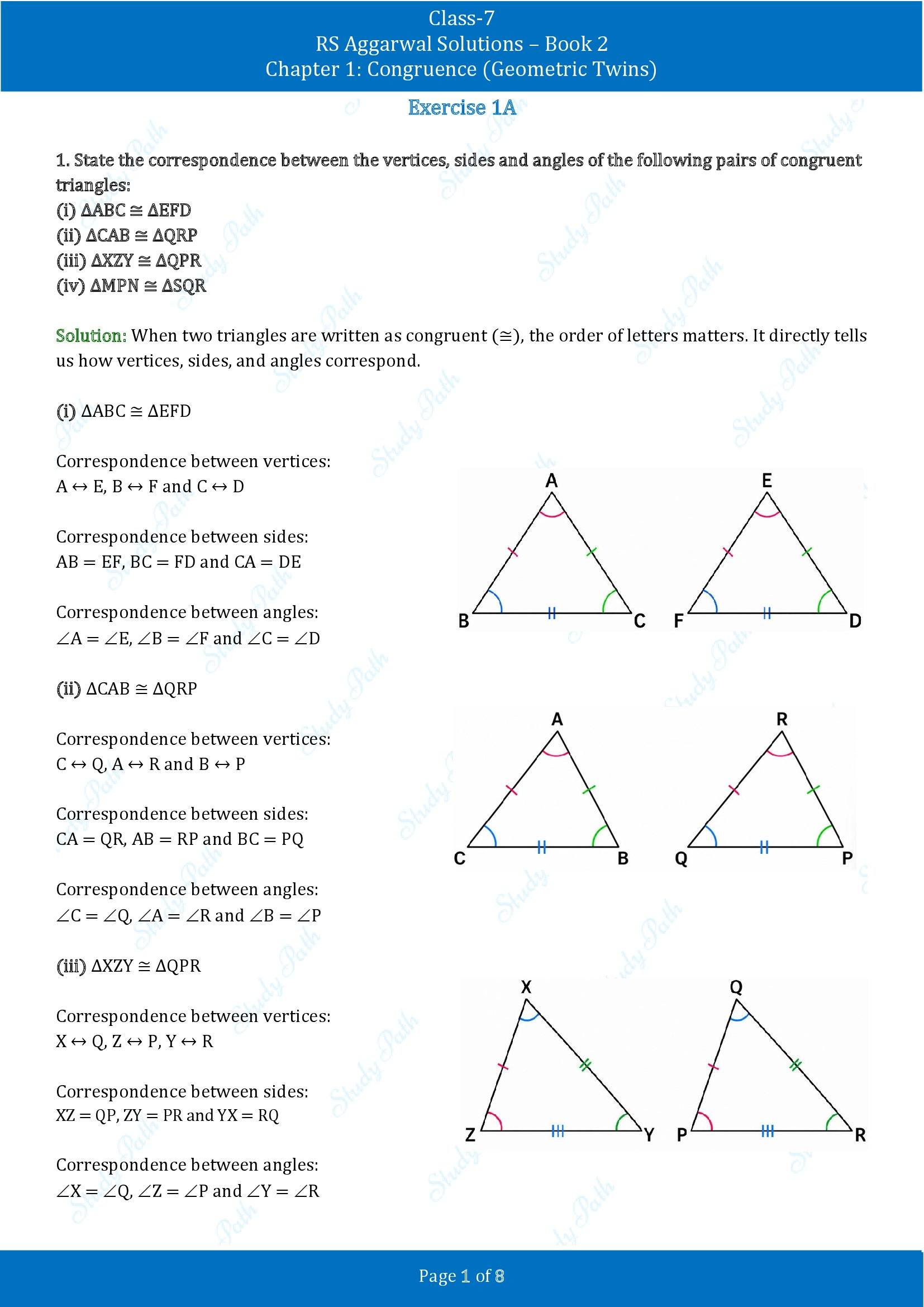 RS Aggarwal Solutions Class 7 Book 2 Chapter 1 Congruence Geometric Twins Exercise 1A 00001