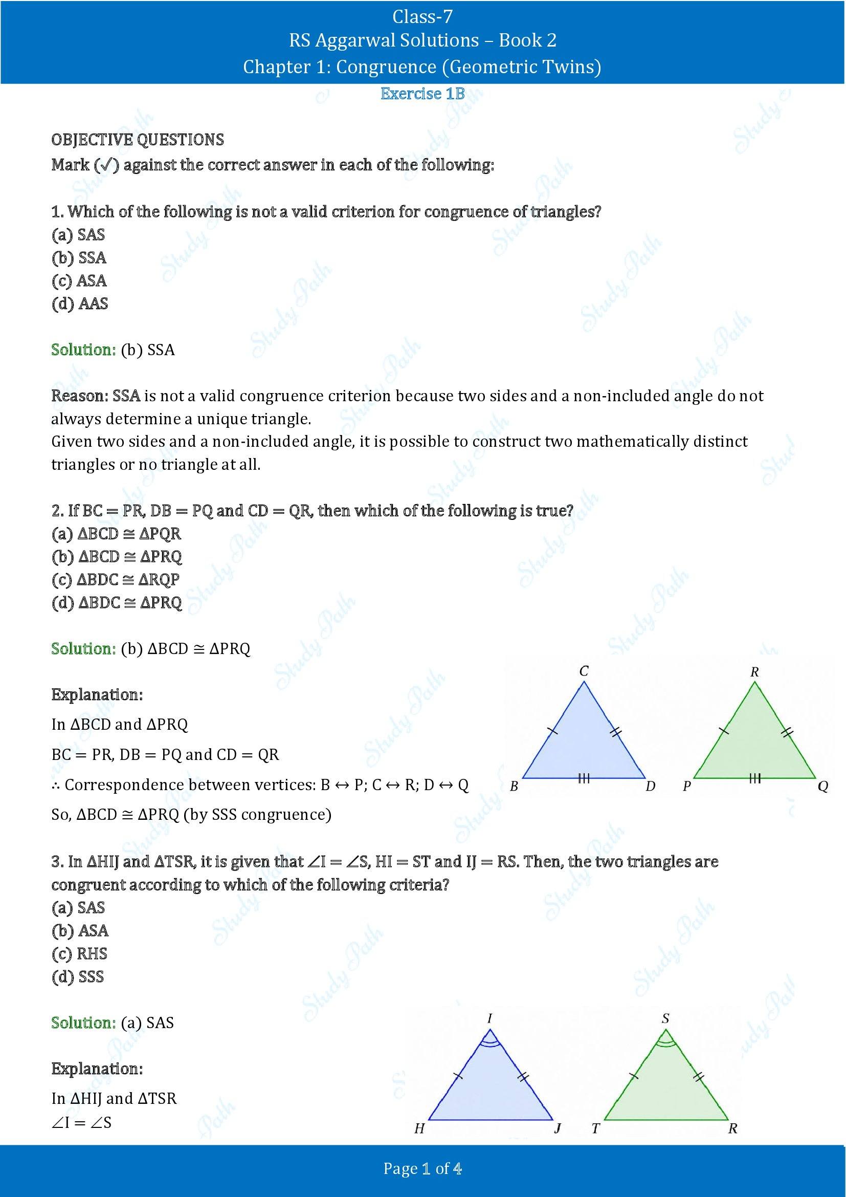 RS Aggarwal Solutions Class 7 Book 2 Chapter 1 Congruence Geometric Twins Exercise 1B 00001