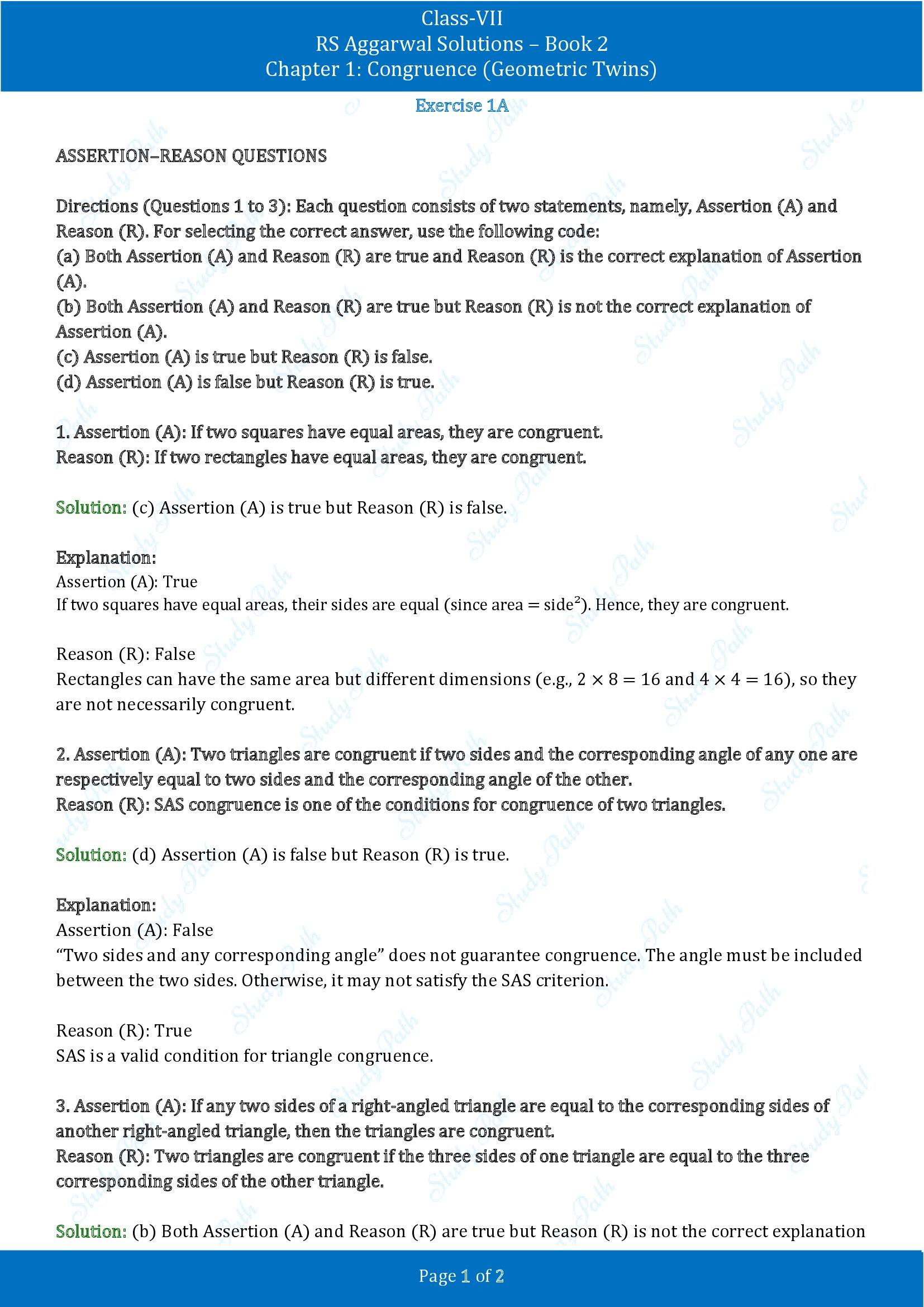 RS Aggarwal Solutions Class 7 Book 2 Chapter 1 Congruence Geometric Twins Exercise 1C 00001