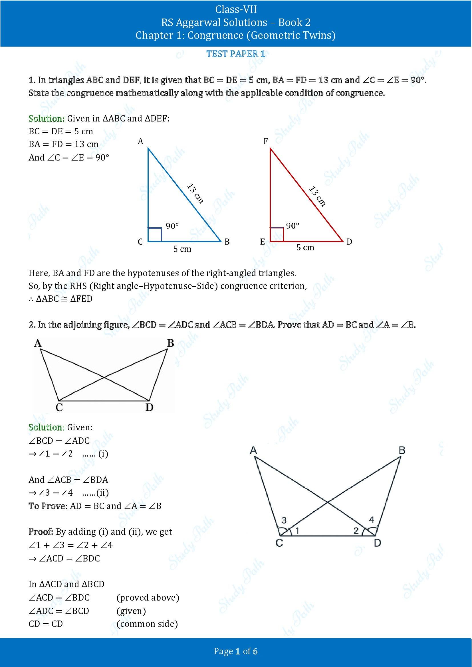 RS Aggarwal Solutions Class 7 Book 2 Chapter 1 Congruence Geometric Twins Test Paper 1 00001