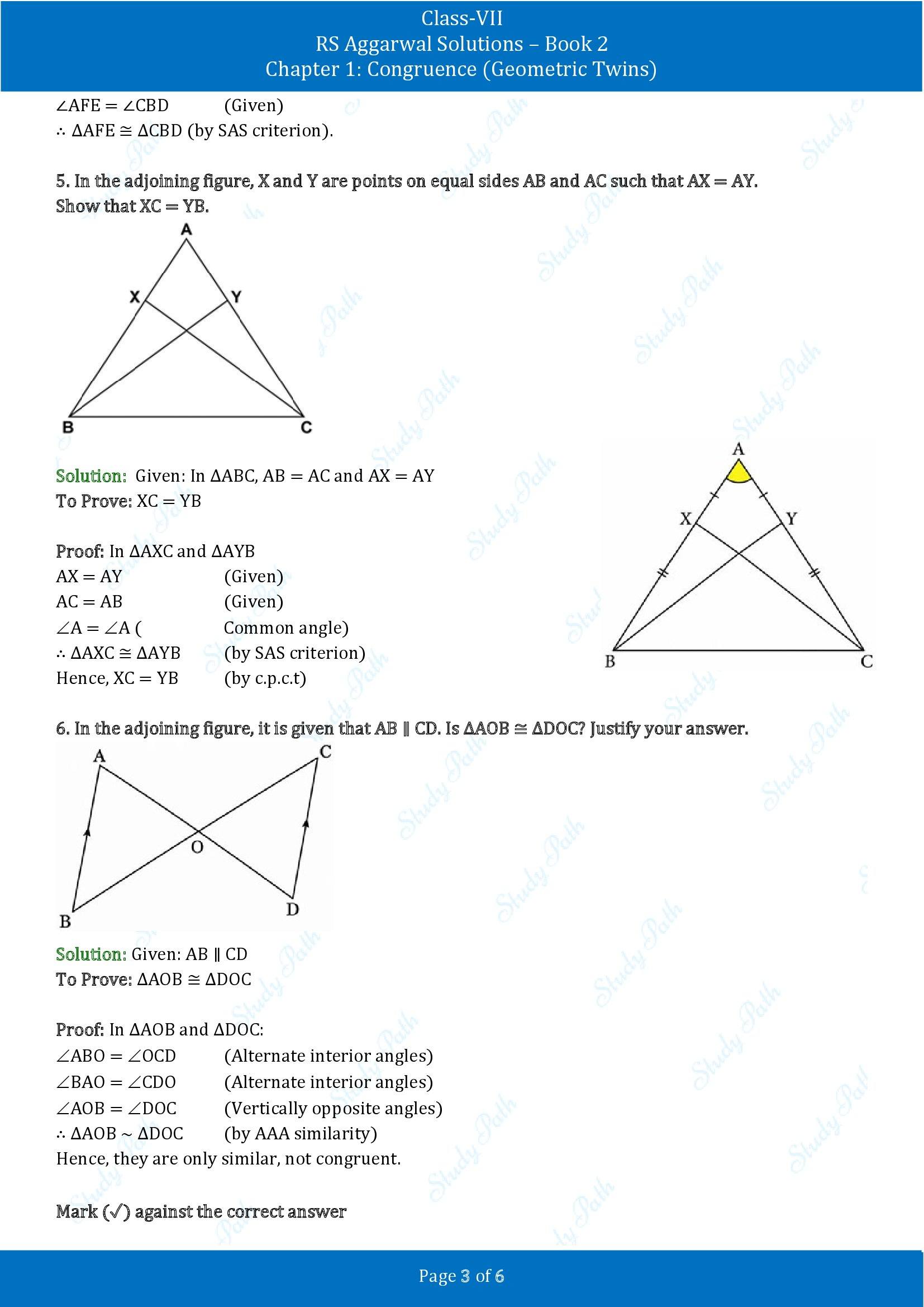 RS Aggarwal Solutions Class 7 Book 2 Chapter 1 Congruence Geometric Twins Test Paper 1 00003