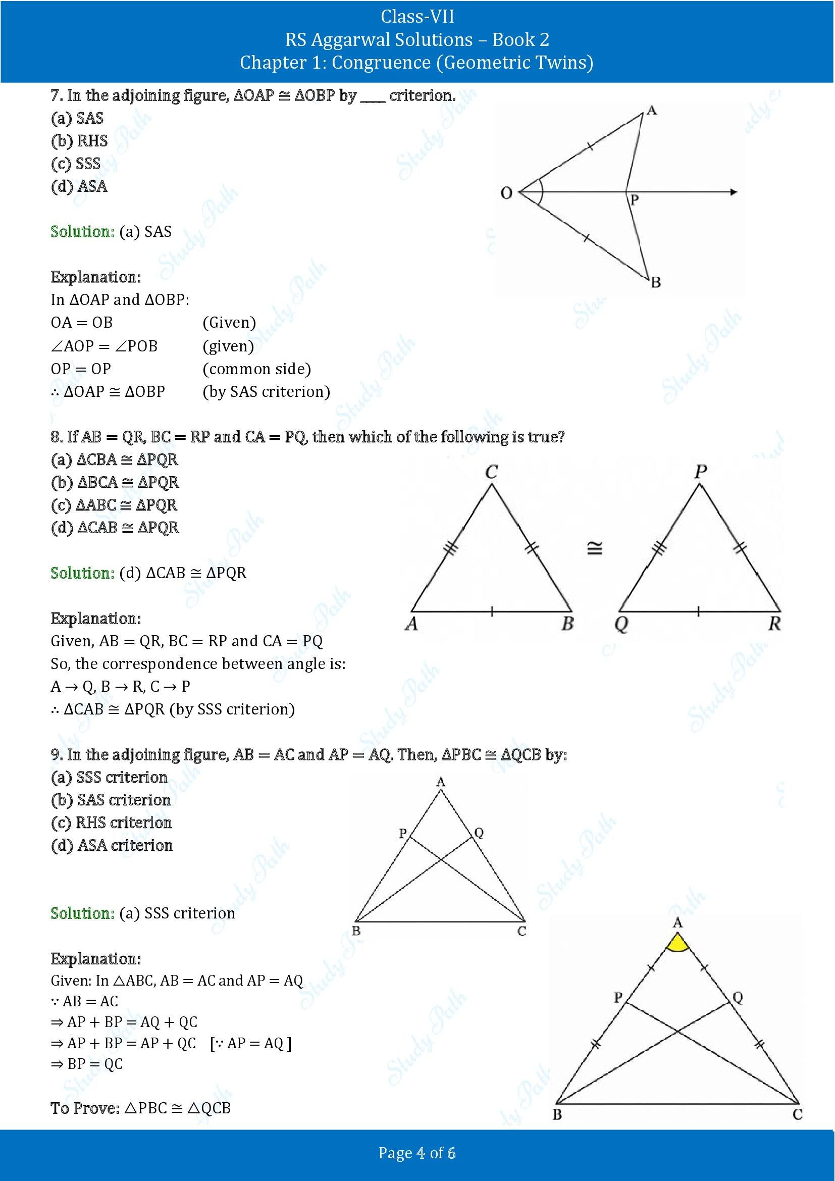 RS Aggarwal Solutions Class 7 Book 2 Chapter 1 Congruence Geometric Twins Test Paper 1 00004