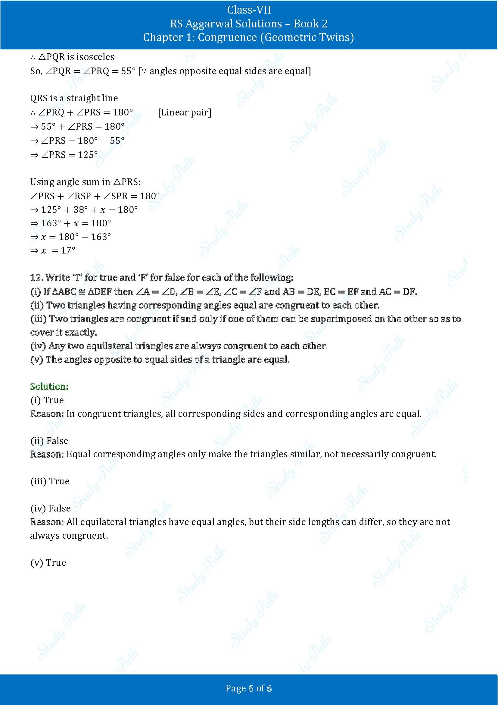 RS Aggarwal Solutions Class 7 Book 2 Chapter 1 Congruence Geometric Twins Test Paper 1 00006