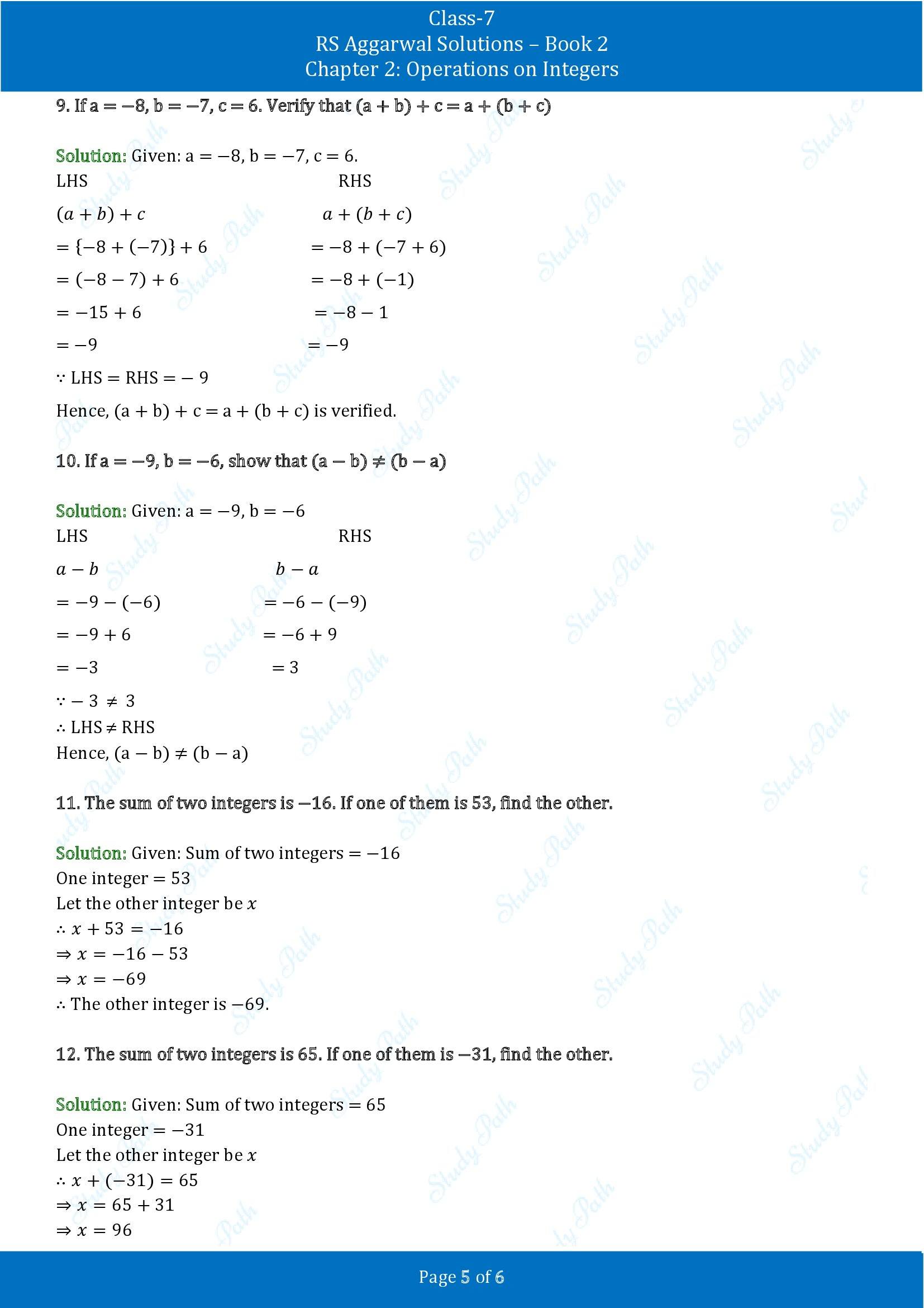 RS Aggarwal Solutions Class 7 Book 2 Chapter 2 Operations on Integers Exercise 2A 00005
