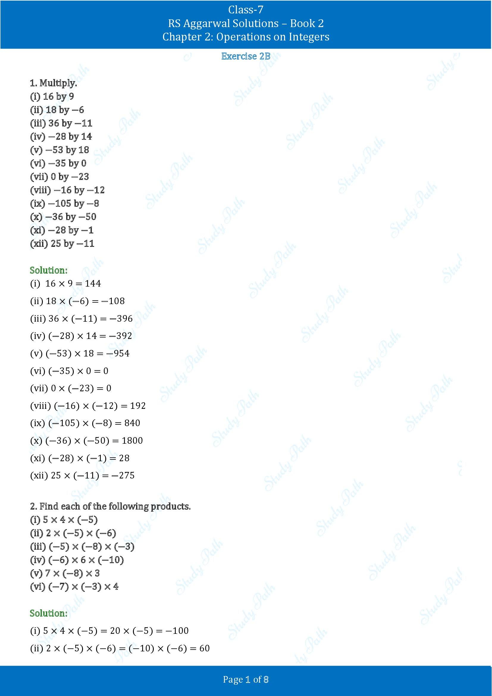 RS Aggarwal Solutions Class 7 Book 2 Chapter 2 Operations on Integers Exercise 2B 00001