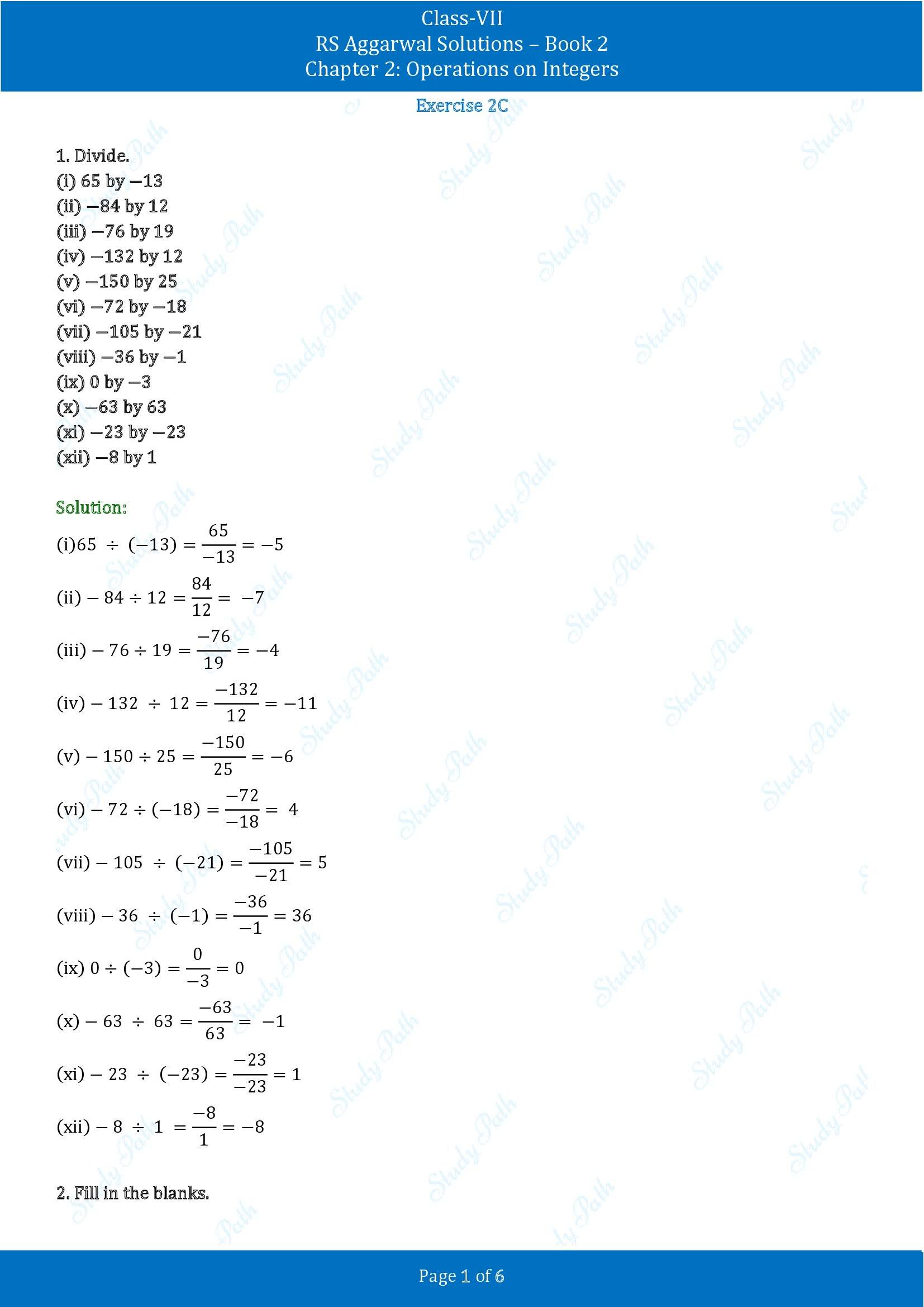 RS Aggarwal Solutions Class 7 Book 2 Chapter 2 Operations on Integers Exercise 2C 00001