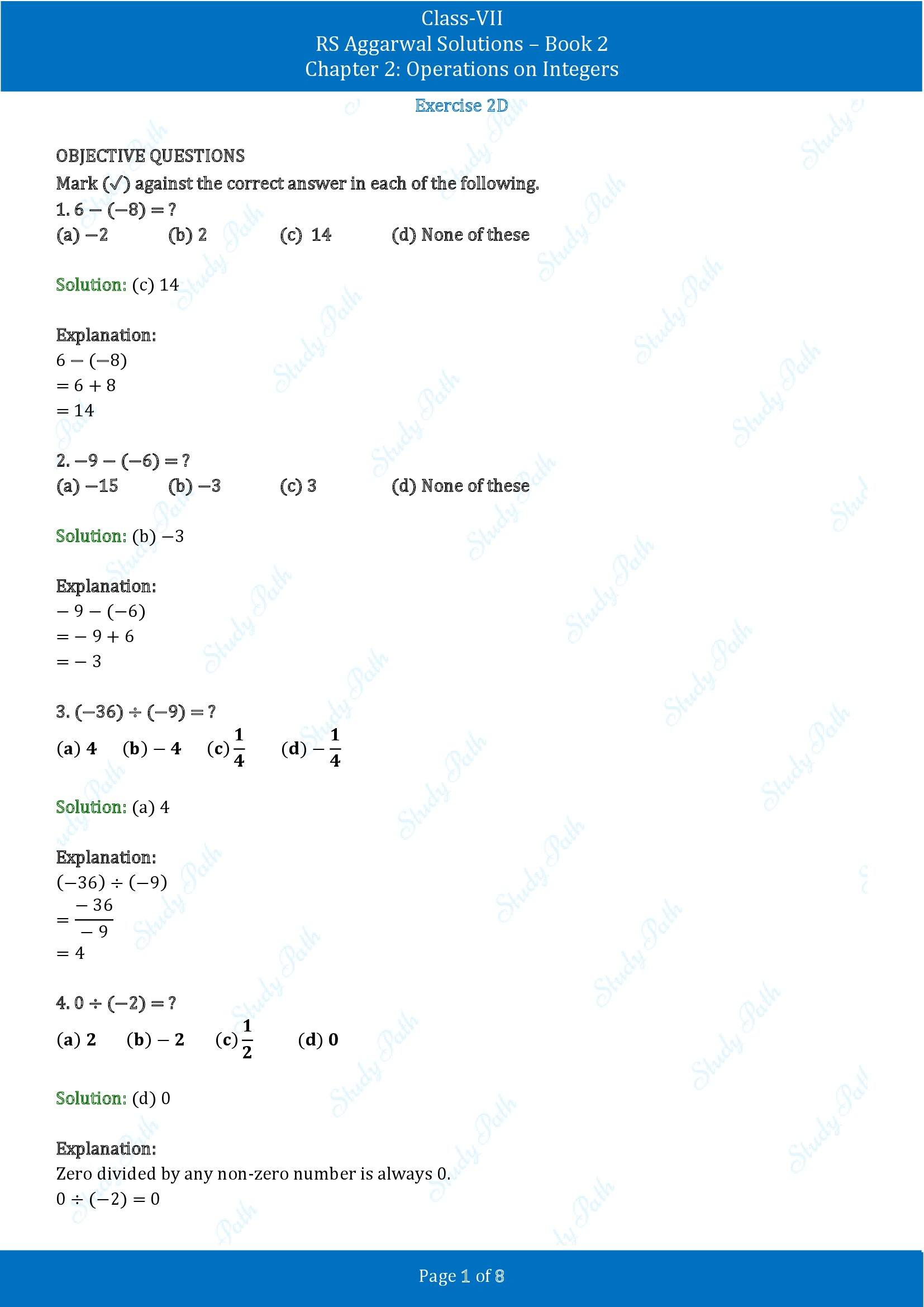 RS Aggarwal Solutions Class 7 Book 2 Chapter 2 Operations on Integers Exercise 2D 00001