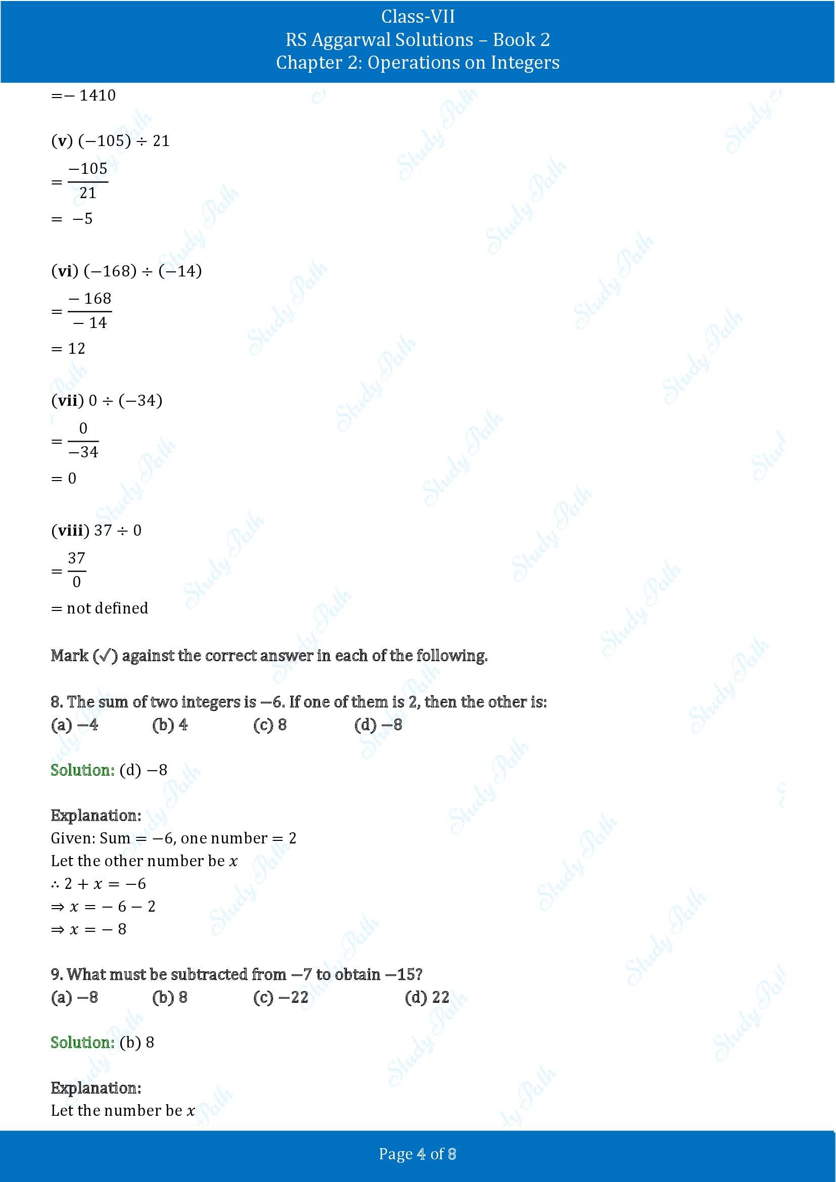 RS Aggarwal Solutions Class 7 Book 2 Chapter 2 Operations on Integers Test Paper 2 00004