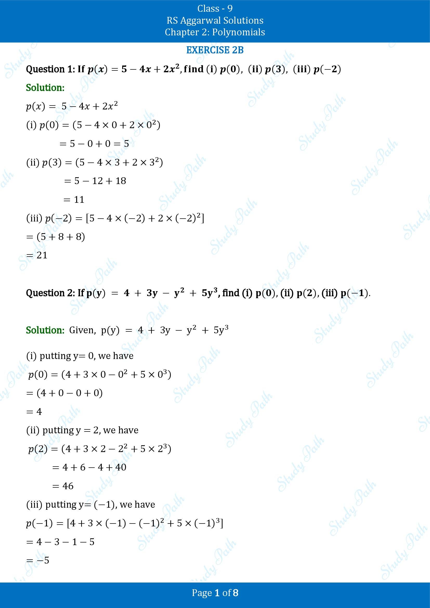 RS Aggarwal Solutions Class 9 Chapter 2 Polynomials Exercise 2B 00001