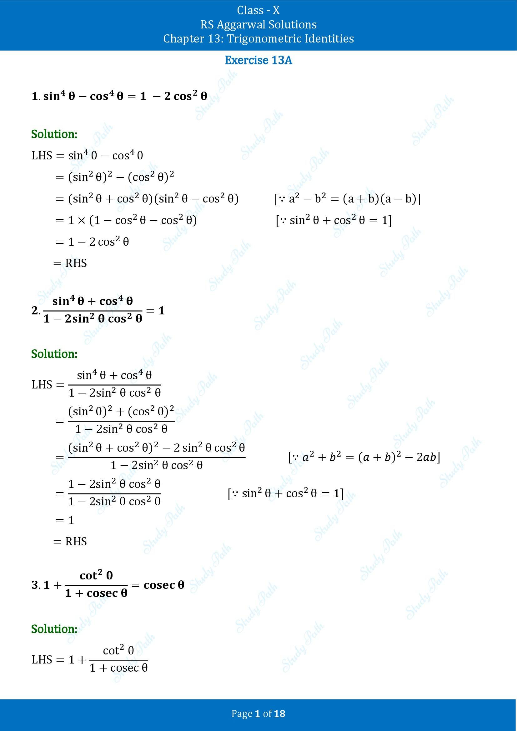 RS Aggarwal Solutions for Class 10 Chapter 13 Trigonometric Identities Exercise 13A 00001