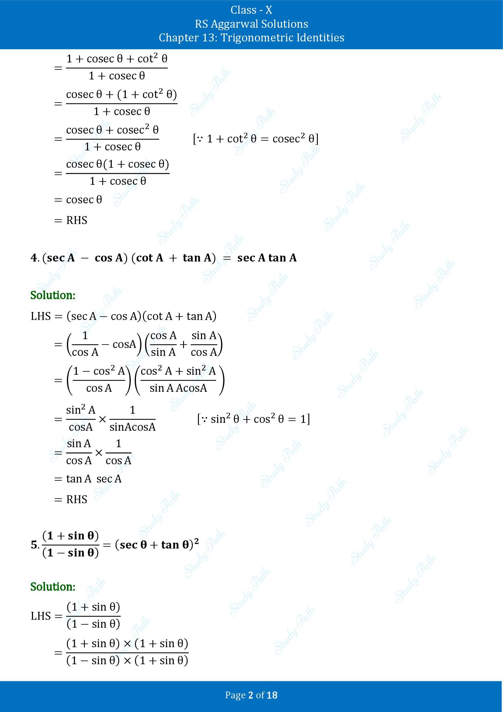 RS Aggarwal Solutions for Class 10 Chapter 13 Trigonometric Identities Exercise 13A 00002