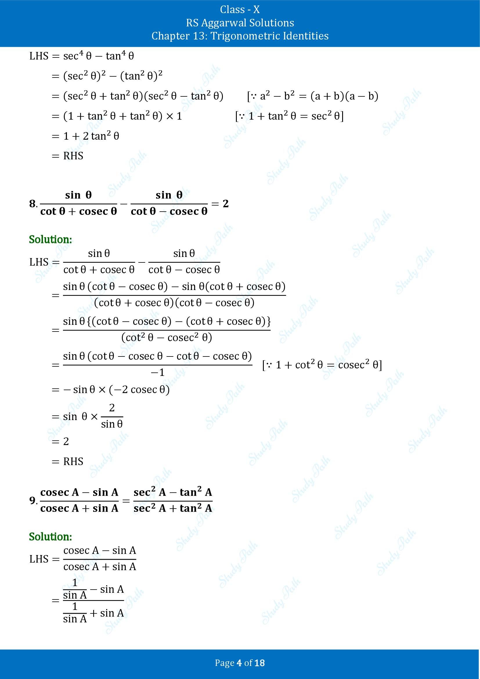 RS Aggarwal Solutions for Class 10 Chapter 13 Trigonometric Identities Exercise 13A 00004