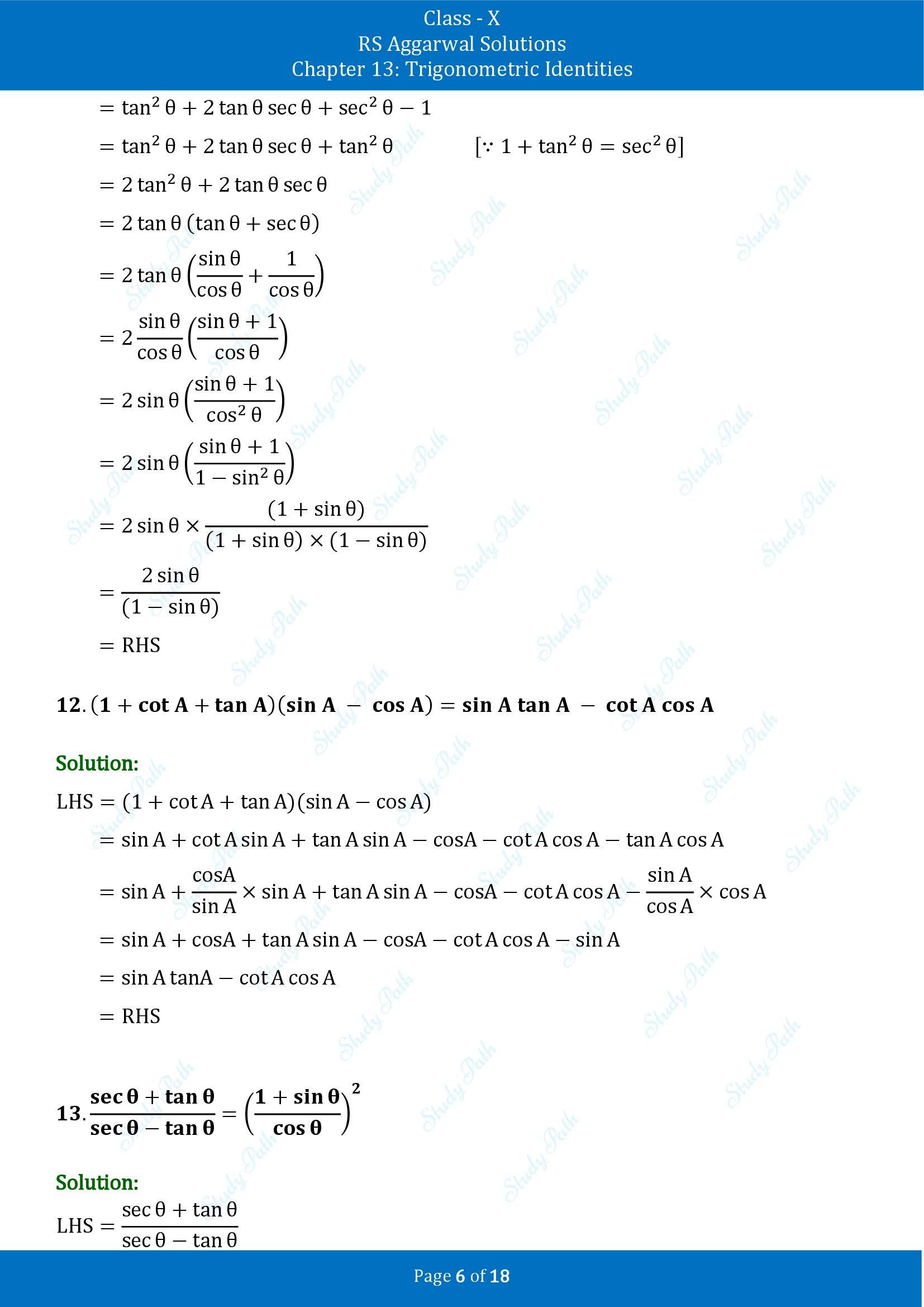 RS Aggarwal Solutions for Class 10 Chapter 13 Trigonometric Identities Exercise 13A 00006