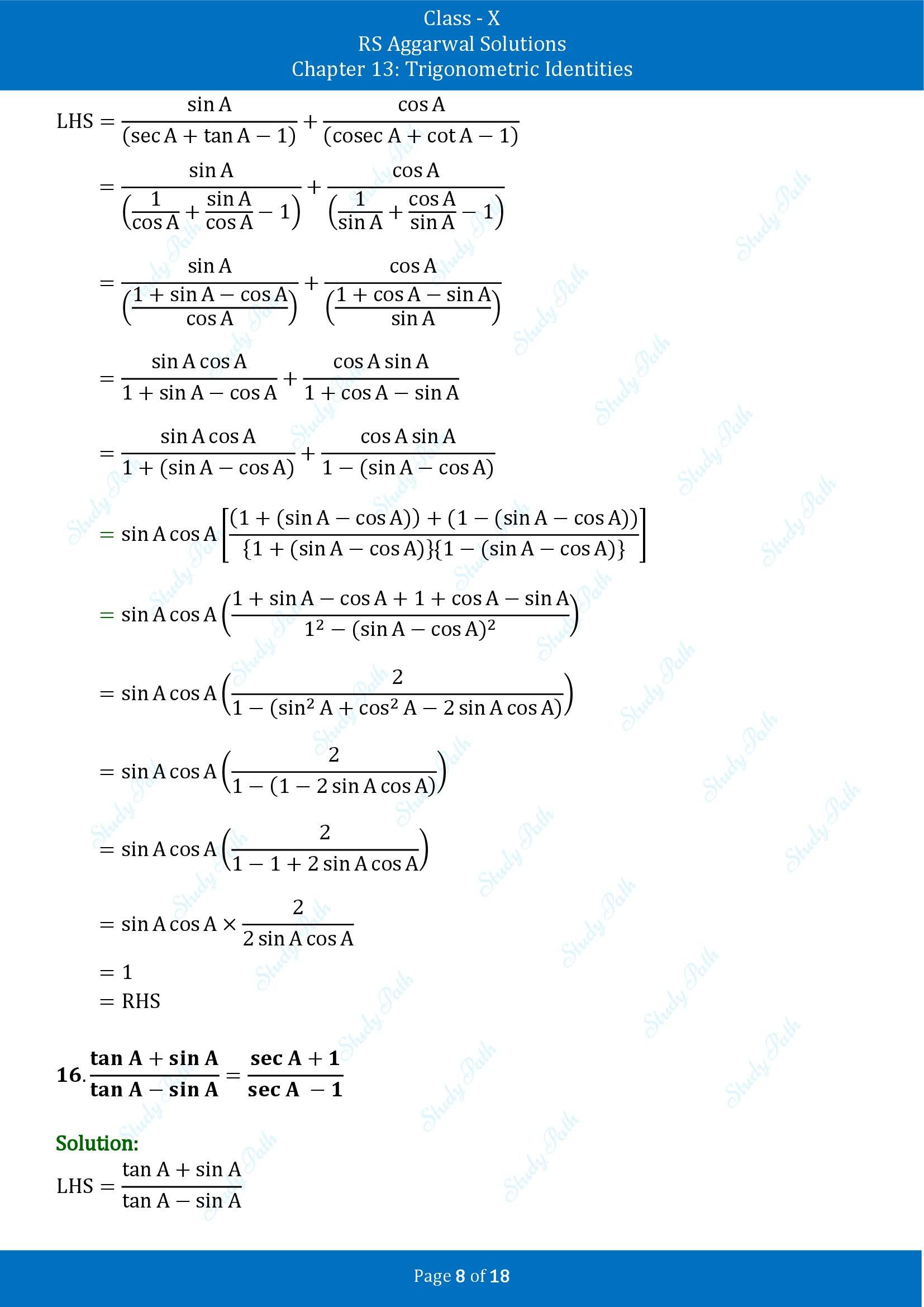 RS Aggarwal Solutions for Class 10 Chapter 13 Trigonometric Identities Exercise 13A 00008