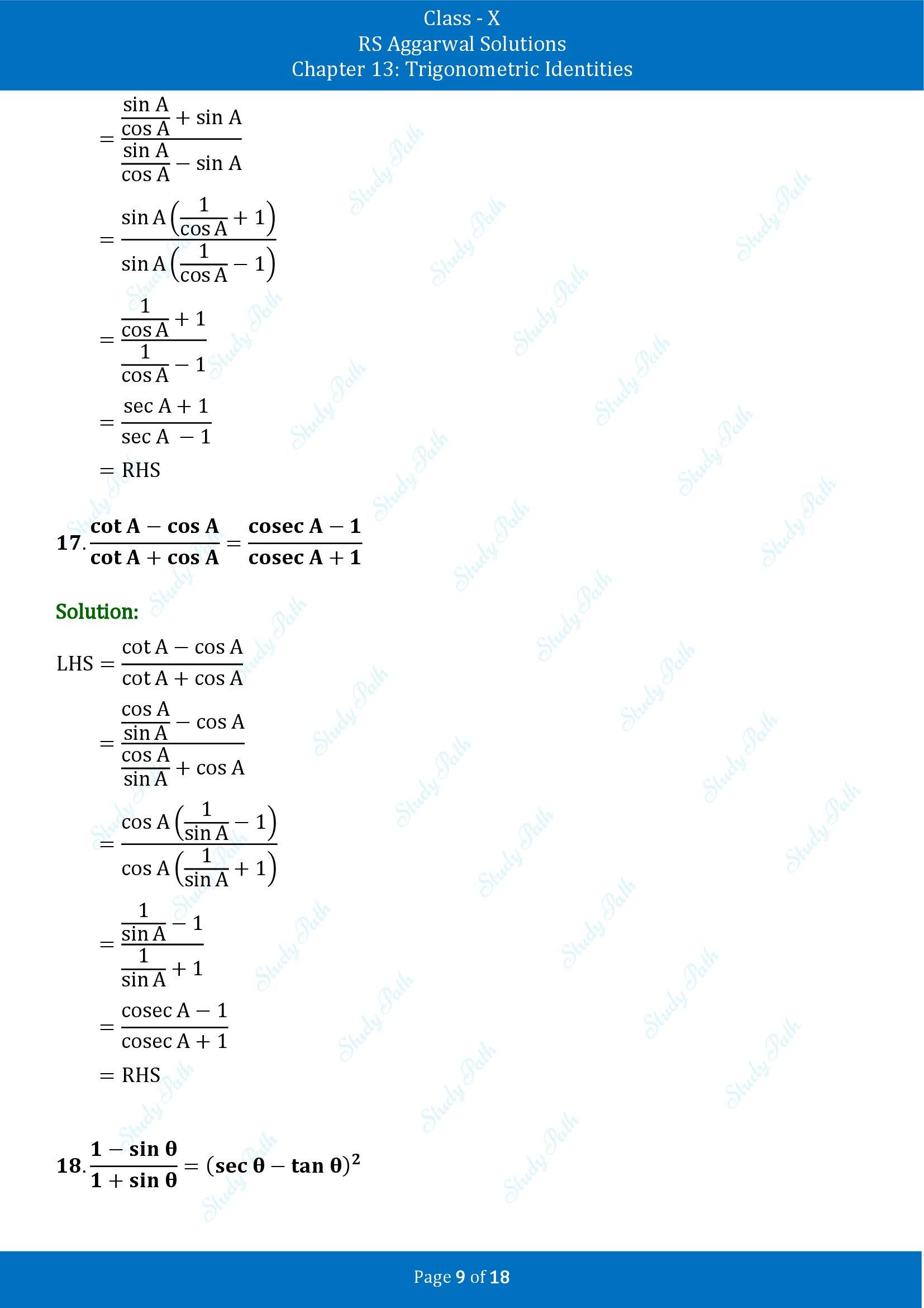 RS Aggarwal Solutions for Class 10 Chapter 13 Trigonometric Identities Exercise 13A 00009