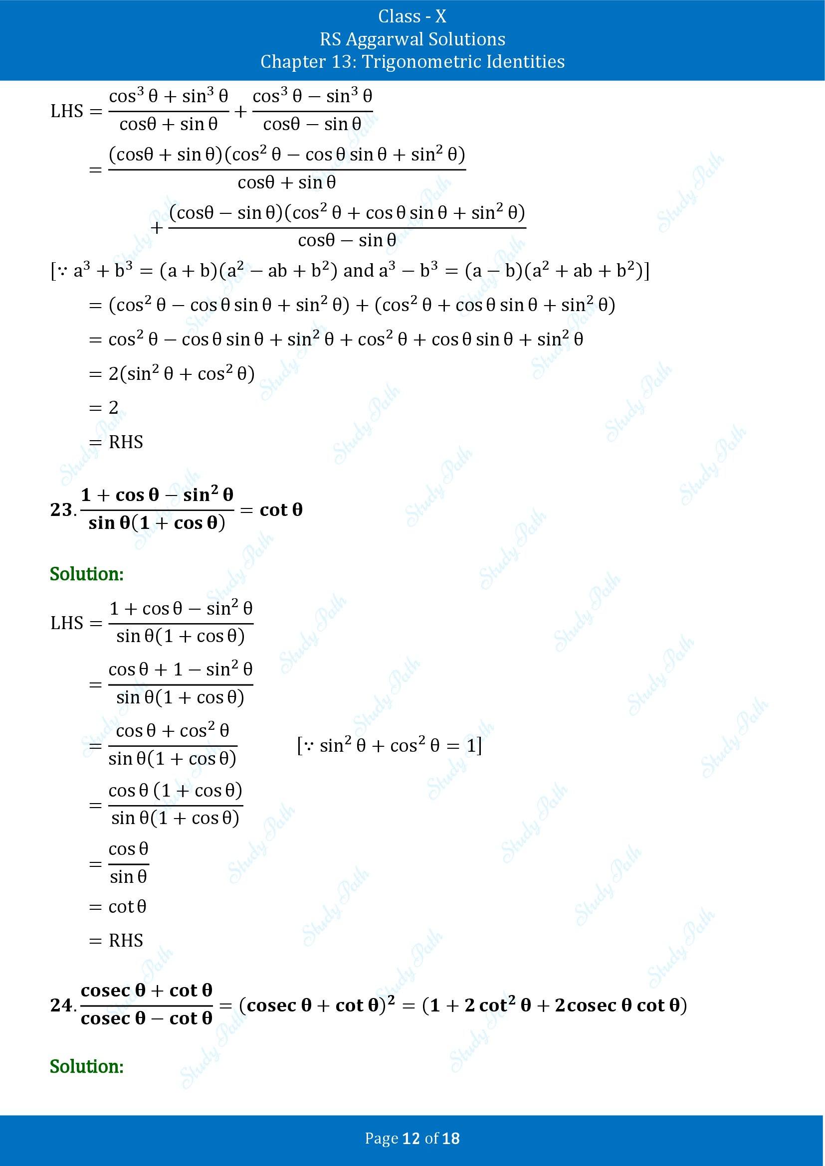 RS Aggarwal Solutions for Class 10 Chapter 13 Trigonometric Identities Exercise 13A 00012