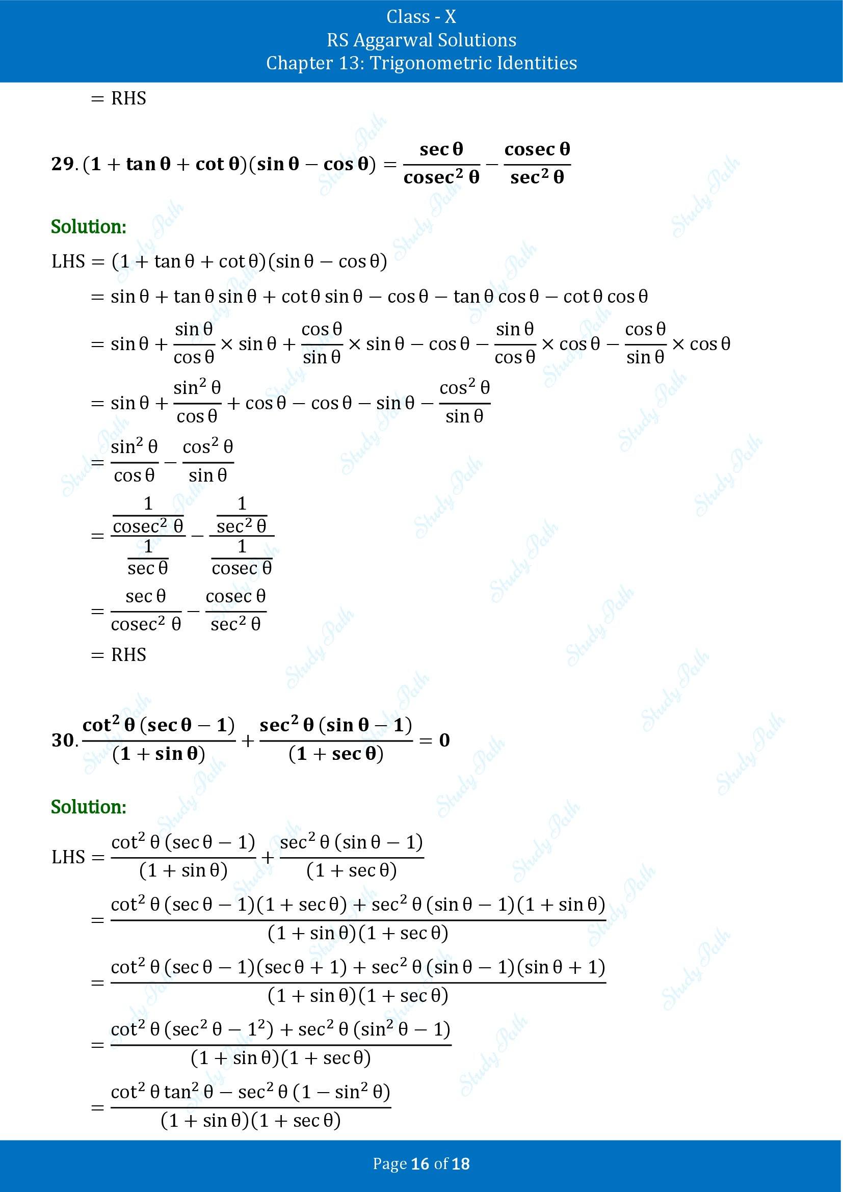 RS Aggarwal Solutions for Class 10 Chapter 13 Trigonometric Identities Exercise 13A 00016