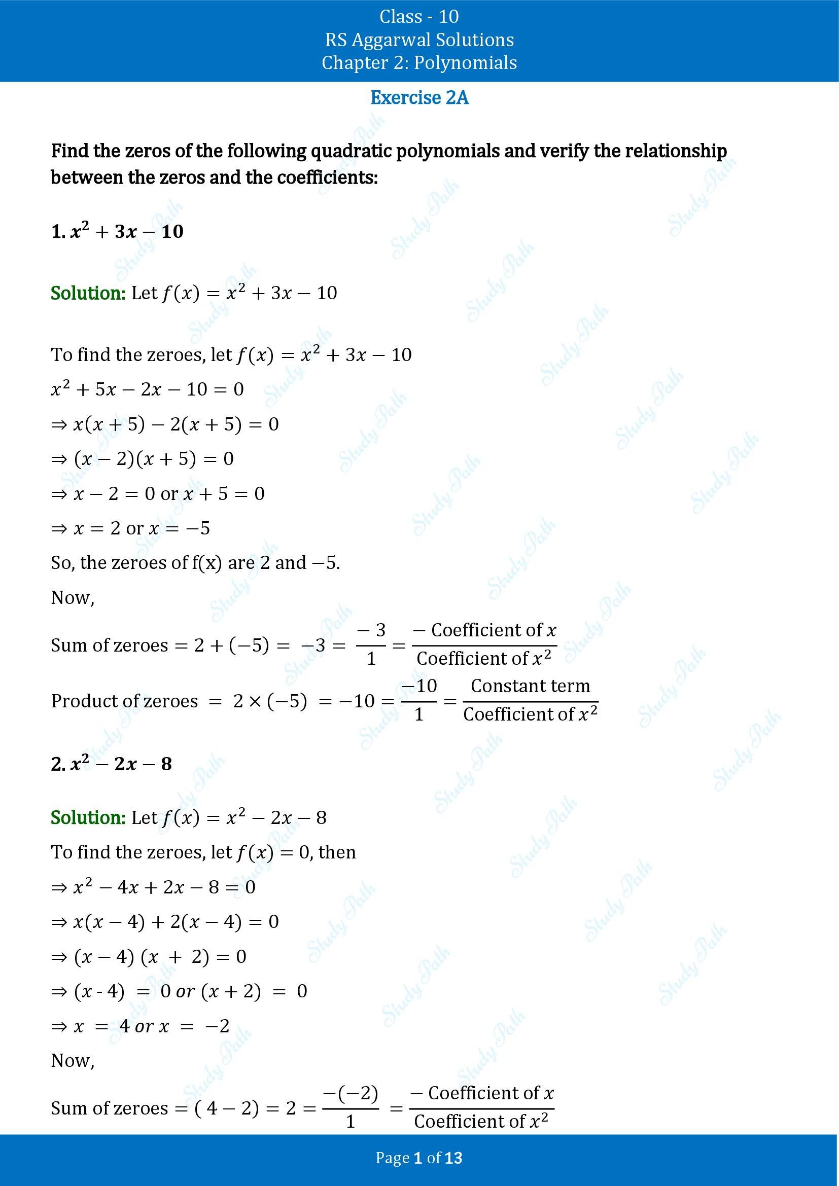 RS Aggarwal Solutions for Class 10 Chapter 2 Polynomials Exercise 2A 00001